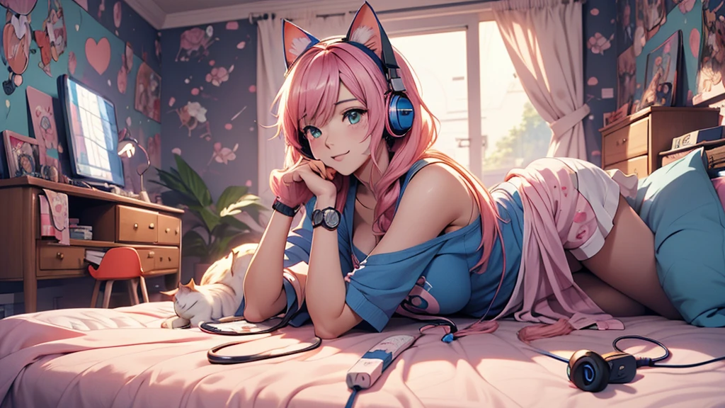 Woman wearing headphones, Anime Style 4 k, anime wallpaper 4k, anime wallpaper 4k, 4k anime wallpaper, anime art wallpaper 4k, anime art wallpaper 4k, Anime Style. 8k, Anime atmosphere, , Ultra HD Anime Wallpaper, Anime Art Wallpaper 8K, Anime Background,landscape、room、Cat、Catがいる
