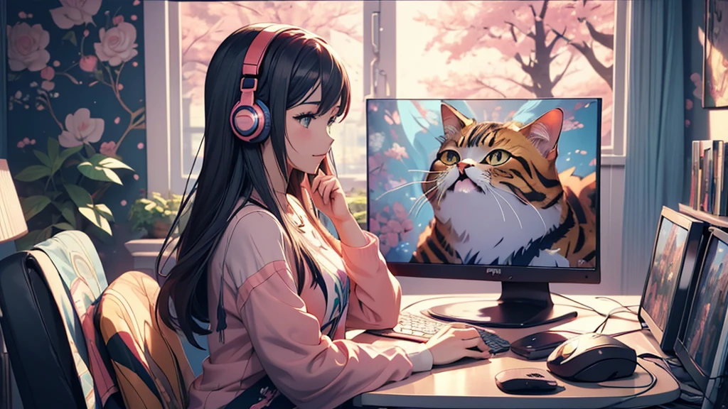 Woman wearing headphones, Anime Style 4 k, anime wallpaper 4k, anime wallpaper 4k, 4k anime wallpaper, anime art wallpaper 4k, anime art wallpaper 4k, Anime Style. 8k, Anime atmosphere, , Ultra HD Anime Wallpaper, Anime Art Wallpaper 8K, Anime Background,landscape、room、Cat、Catがいる