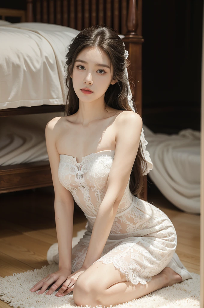 (((best quality))),(((ultra detailed))),(((masterpiece))),illustration,(1 beautiful girl,bride,solo),((slim,thin)),((small breasts,flat chest)),(shoulder length straight hair:1.2),(strapless see through white lace wedding dress:1.3),dim pink lighting,massage parlor,patiently waiting,tool box,soft ambient lighting,refreshing contrast,sultry summer night,air conditioning,atmosphere of relaxation,serenity,delicate features,curves,elegance,sophistication,toolbox contents,assortment of implements,oils,lotions,massage tools,background music,soothing ambiance,comfortable massage bed,fresh clean sheets,calming artwork,warm friendly demeanor,sense of calm,compassion,eager anticipation,healing rejuvenating experience,((kneeling on the floor)),((from front,upper body)),(night scene:1.3)