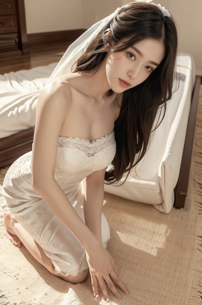 (((best quality))),(((ultra detailed))),(((masterpiece))),illustration,(1 beautiful girl,bride,solo),((slim,thin)),((small breasts,flat chest)),(shoulder length straight hair:1.2),(strapless see through white lace wedding dress:1.3),dim pink lighting,massage parlor,patiently waiting,tool box,soft ambient lighting,refreshing contrast,sultry summer night,air conditioning,atmosphere of relaxation,serenity,delicate features,curves,elegance,sophistication,toolbox contents,assortment of implements,oils,lotions,massage tools,background music,soothing ambiance,comfortable massage bed,fresh clean sheets,calming artwork,warm friendly demeanor,sense of calm,compassion,eager anticipation,healing rejuvenating experience,((kneeling on the floor)),((from front,upper body)),(night scene:1.3)