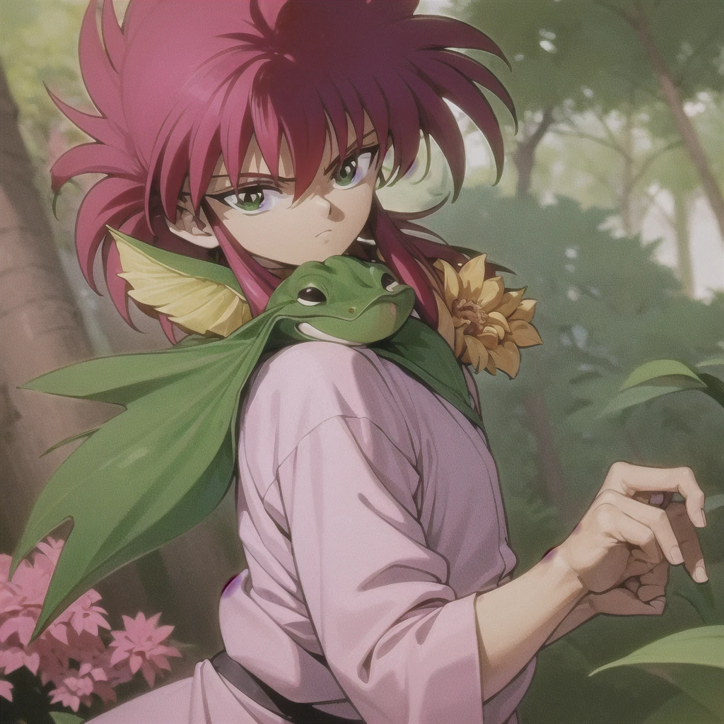 masterpiece, best quality, kurama from yuyu hakusho, 1boy with a frog over his head, flower, kuramas, long hair, red hair, green eyes, upper body, solo, pink , pink japanese , tokyo street background