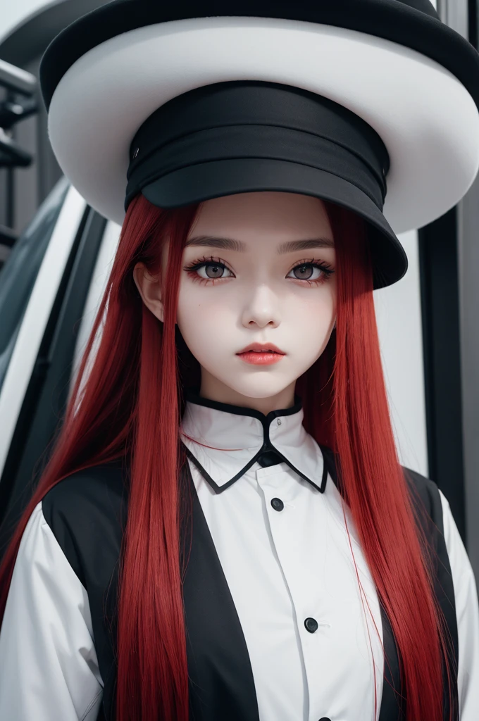 Woman with long red hair in ponytail, black clothes with white and red details, eyes black, White hat, アニメ