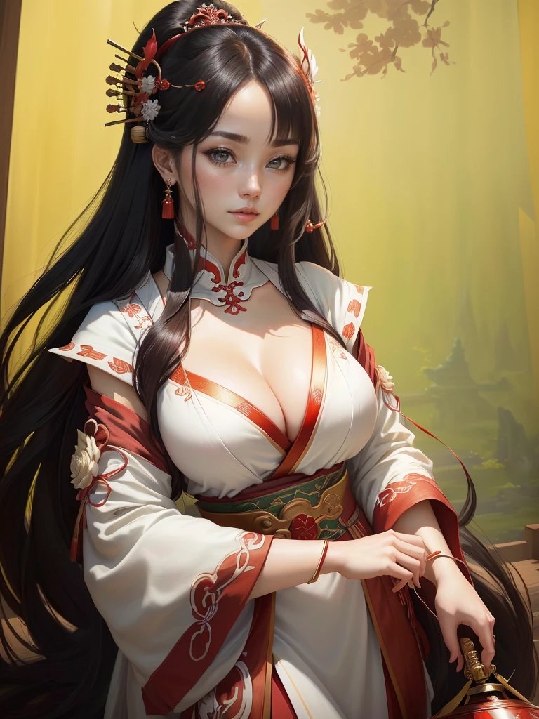 A woman in a white dress holding red and green syamisen, Beautiful character drawings, Japanese Goddess, Beautiful and attractive anime woman, Gweiz-style artwork, Beautiful Anime Woman, Beautiful Fantasy Empress, Inspired by Wu Zuoren, Inspired by Sukenori Nishikawa, Inspired by Du Qiong, Ancient Chinese Beauties, Highly detailed CG unit 8k wallpaper, masterpiece, High resolution, highest quality, highest quality real texture skin, Super Real, Digital Painting, Best image quality, 最High resolution, 8k, ((Highly detailed eyes and face, Beautiful eyes every detail)), red iips, Hanfu, Big Breasts, Cleavage,