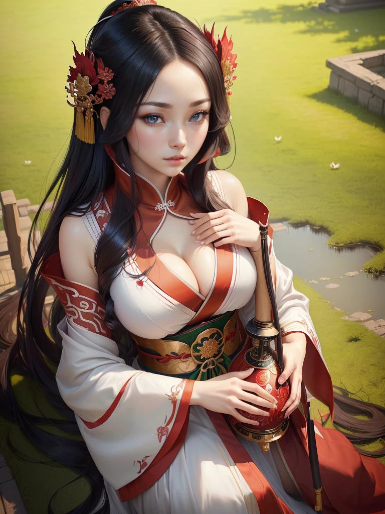 A woman in a white dress holding red and green syamisen, Beautiful character drawings, Japanese Goddess, Beautiful and attractive anime woman, Gweiz-style artwork, Beautiful Anime Woman, Beautiful Fantasy Empress, Inspired by Wu Zuoren, Inspired by Sukenori Nishikawa, Inspired by Du Qiong, Ancient Chinese Beauties,  Highly detailed CG unit 8k wallpaper, masterpiece, High resolution, highest quality, highest quality real texture skin, Super Real, Digital Painting, Best image quality, 最High resolution, 8k, ((Highly detailed eyes and face, Beautiful eyes every detail)), red iips, Hanfu, Big Breasts, Cleavage, 