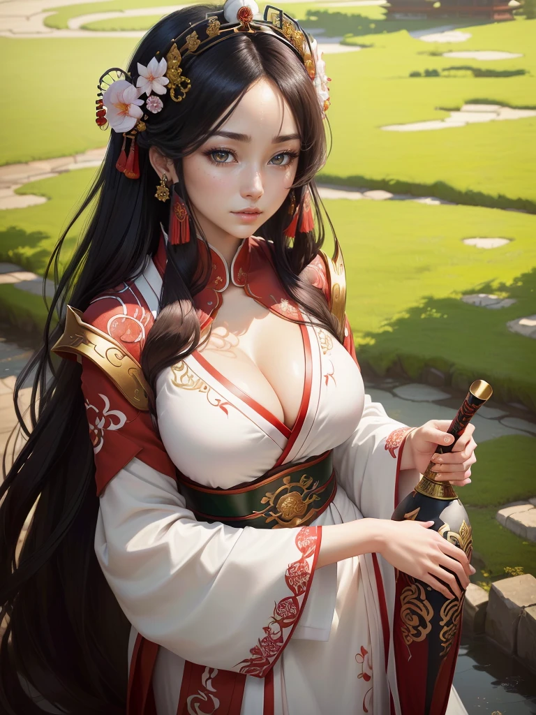 A woman in a white dress holding red and green syamisen, Beautiful character drawings, Japanese Goddess, Beautiful and attractive anime woman, Gweiz-style artwork, Beautiful Anime Woman, Beautiful Fantasy Empress, Inspired by Wu Zuoren, Inspired by Sukenori Nishikawa, Inspired by Du Qiong, Ancient Chinese Beauties, Highly detailed CG unit 8k wallpaper, masterpiece, High resolution, highest quality, highest quality real texture skin, Super Real, Digital Painting, Best image quality, 最High resolution, 8k, ((Highly detailed eyes and face, Beautiful eyes every detail)), red iips, Hanfu, Big Breasts, Cleavage,
