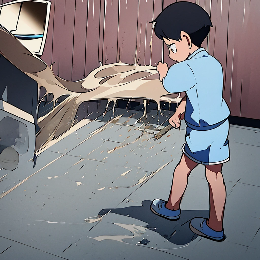 A Chinese boy around 7 years old，Normal body type is slightly thinner，He wears a light blue short-sleeved shirt，Light blue shorts，at  basketball court，His stomach hurts，covering his stomach，Eventually, even urinary incontinence，Urine soaked the shorts，Run down your legs to the ground。