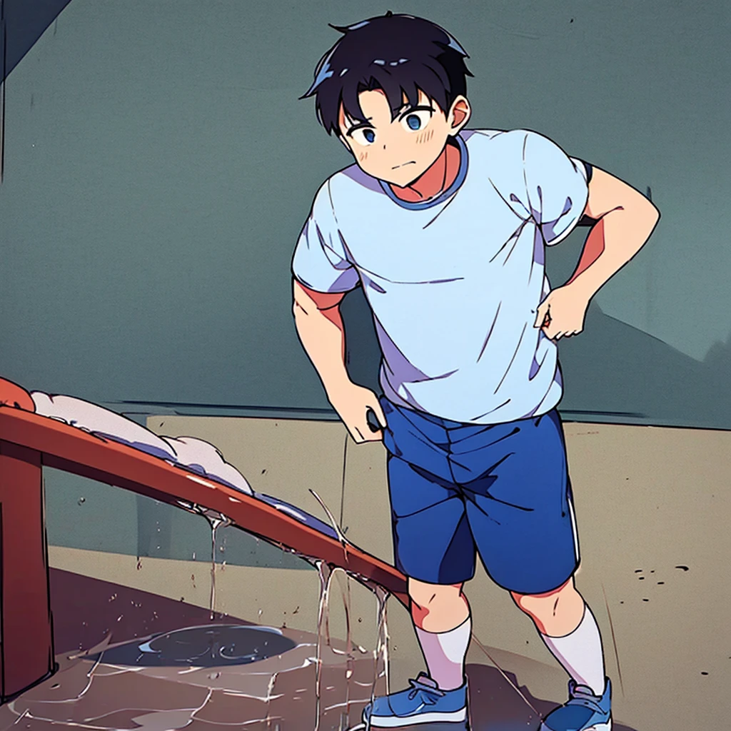 A Chinese boy around 7 years old,Normal body type is slightly thinner,He wears a light blue short-sleeved shirt,Light blue shorts,at basketball court,His stomach hurts,covering his stomach,Eventually, even urinary incontinence,Urine soaked the shorts,Run down your legs to the ground。