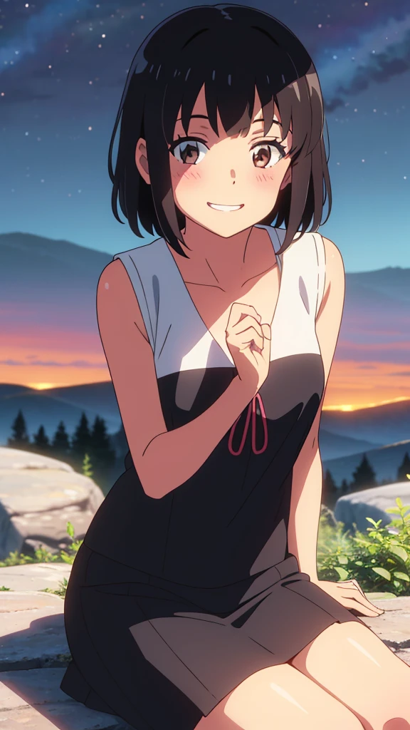shinkai makoto, kimi no na wa., 1girl, bangs, black hair, blush, expressive eyes, brown eyes, perfect face, looking at the viewer, sleeveless dress, skirt, short hair, solo, outdoors, shinny skin, smile, cute, grin, night sky, mountains, rocks, sitting, (masterpiece), best quality