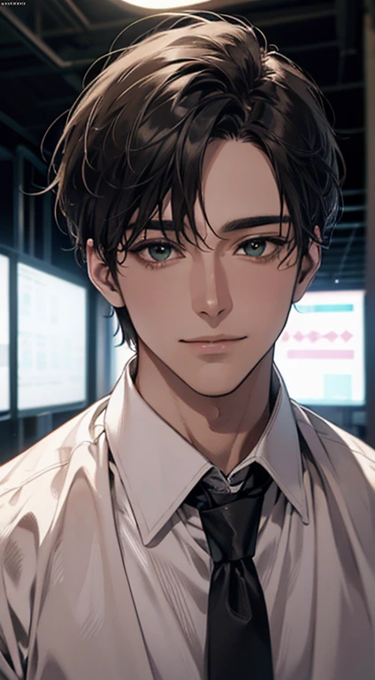 (Highest quality,4K,8K,High resolution,masterpiece:1.2),Super detailed,(Realistic,photoRealistic,photo-Realistic:1.37),1 person,34 years old,Mature Men,Beautiful skin、very handsome,Expressionless smile in love,Short white hair,green eyes,Sharp Eyes,A perfect face without a doubt,Businessman, CEO, Office Background,Cinema Lighting,HDR image,tie、
