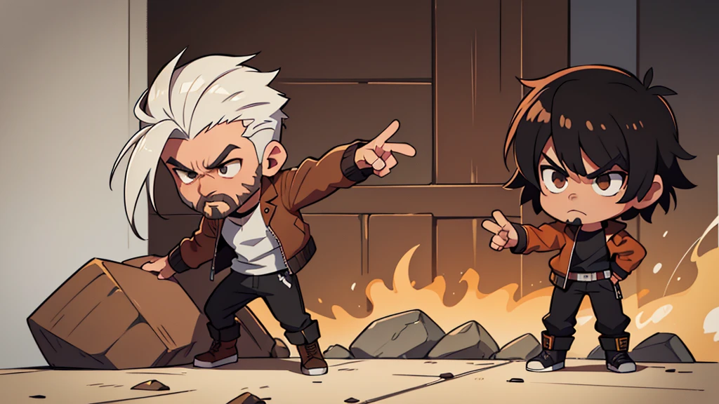 4k ultra HD chibi style character art, solo, man with white hair hightop style and dark chinstrap beard and goatee, brown eyes, wearing a brown leather bomber jacket open with a black shirt under it, black pants, black combat boots, serious expression, standing