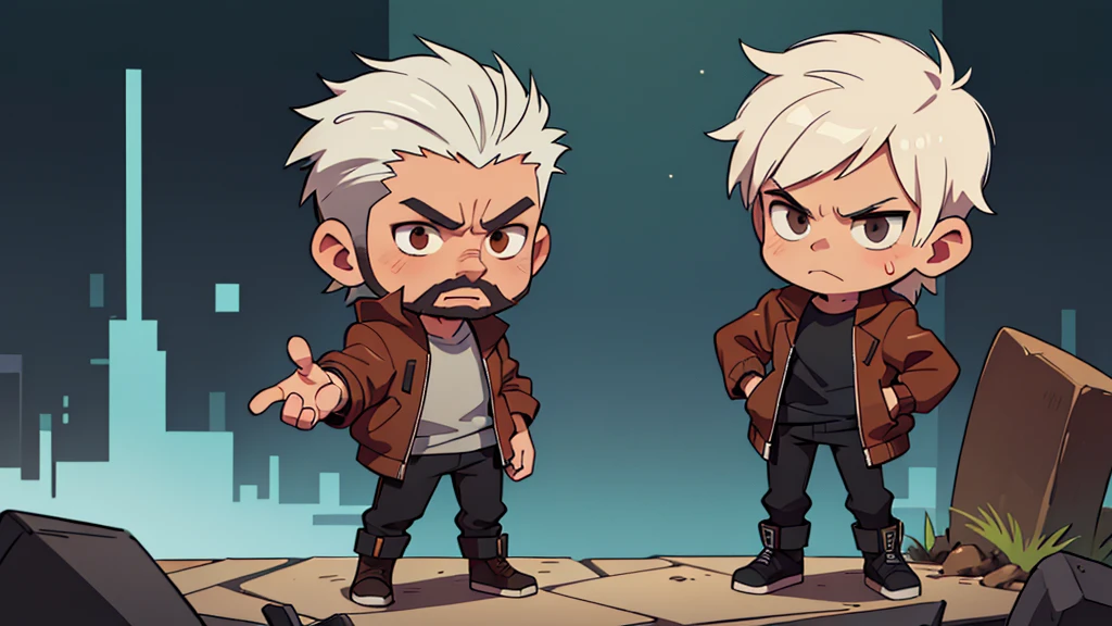 4k ultra HD chibi style character art, solo, man with white hair hightop style and dark chinstrap beard and goatee, brown eyes, wearing a brown leather bomber jacket open with a black shirt under it, black pants, black combat boots, serious expression, standing