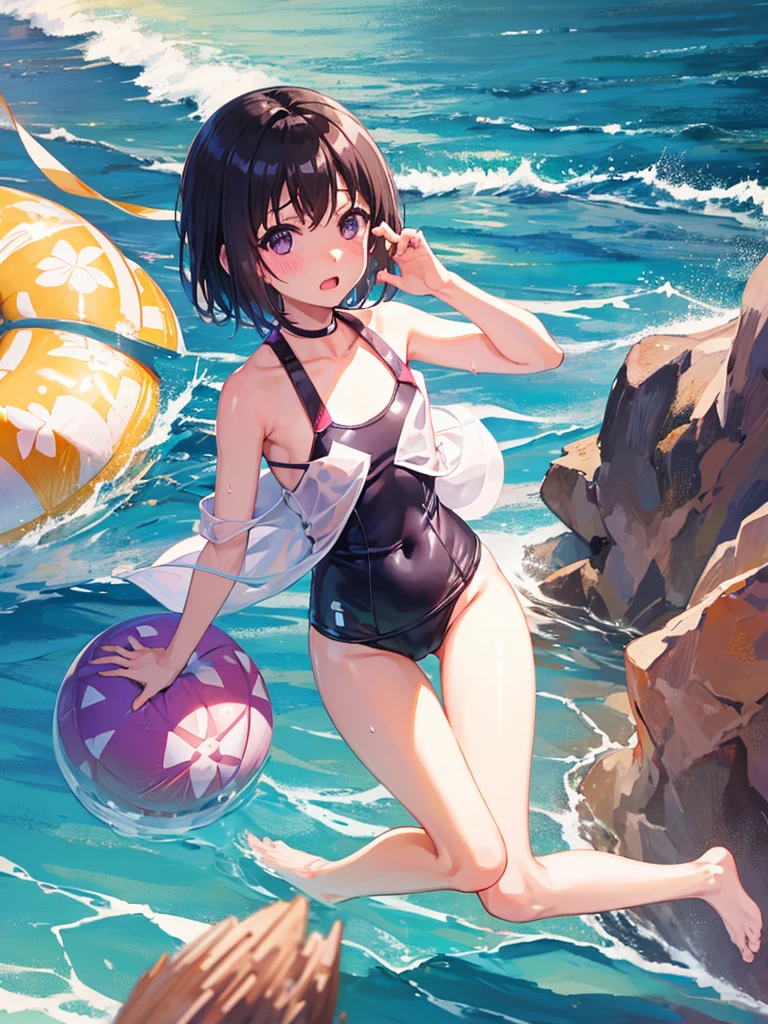 ランダムなポーズ、Random patterned swimsuit、Random patterned swimsuit,Swimsuit,Blushing、short hair、Black Hair、Pale purple eyes、Head to toe full body、Blushing、Embarrassed look、Composition from the front、A view from slightly below、school swimwear、Acme Face、Random pose、, 、nsfw、Highest quality、1 girl、solo、Ocean、Sandy Beach、Sexy pose、Random pose、Blushing、wet、Embarrassed、I can see half of my 、、One piece swimsuit、(Strap slip:1.3)、