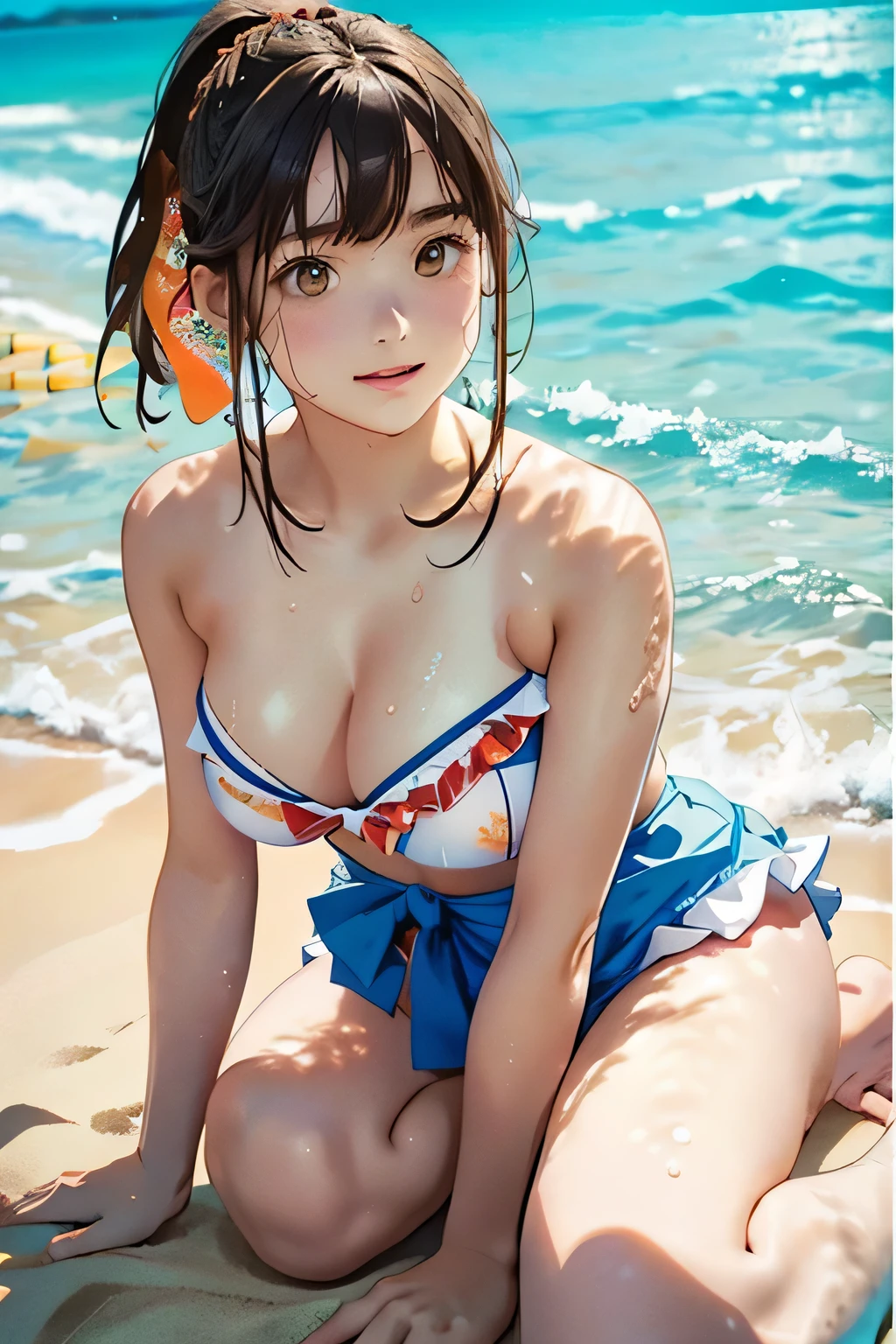 (Highest quality:1.4)、High resolution、Detailed Background)、(Beautiful face in every detail:1.4)、Beautiful  Girl、(Huge breasts:1.2)、(Highly detailed face:1.4)、
Brown Hair、Braided Bob、Braided Ponytail、Braided Hairstyles、Perfect body line、Attractive thighs、Attractive big ass、sunny day、

(Beautiful girl swimming on the sandy beach:1.5)、

Splashing water、Happy expression、smile、Laughing with your mouth open、sexual expression、Wet swimsuit、Wet swimsuitが光る、My whole body is wet、My hair is wet too、cute、

Ruffled top and high-waisted bikini bottoms、Opt for patterned or brightly colored bikinis、
Pair a strapless bikini top with a wrap skirt、Choose patterned or sheer skirts、One-piece swimsuit with ruffle and lace details、Bikini with cutout design、Choose intricate designs and different color combinations to give your piece a unique appeal.、Choose something with a colorful pattern or pop design and pair it with high-waisted bottoms.、cute