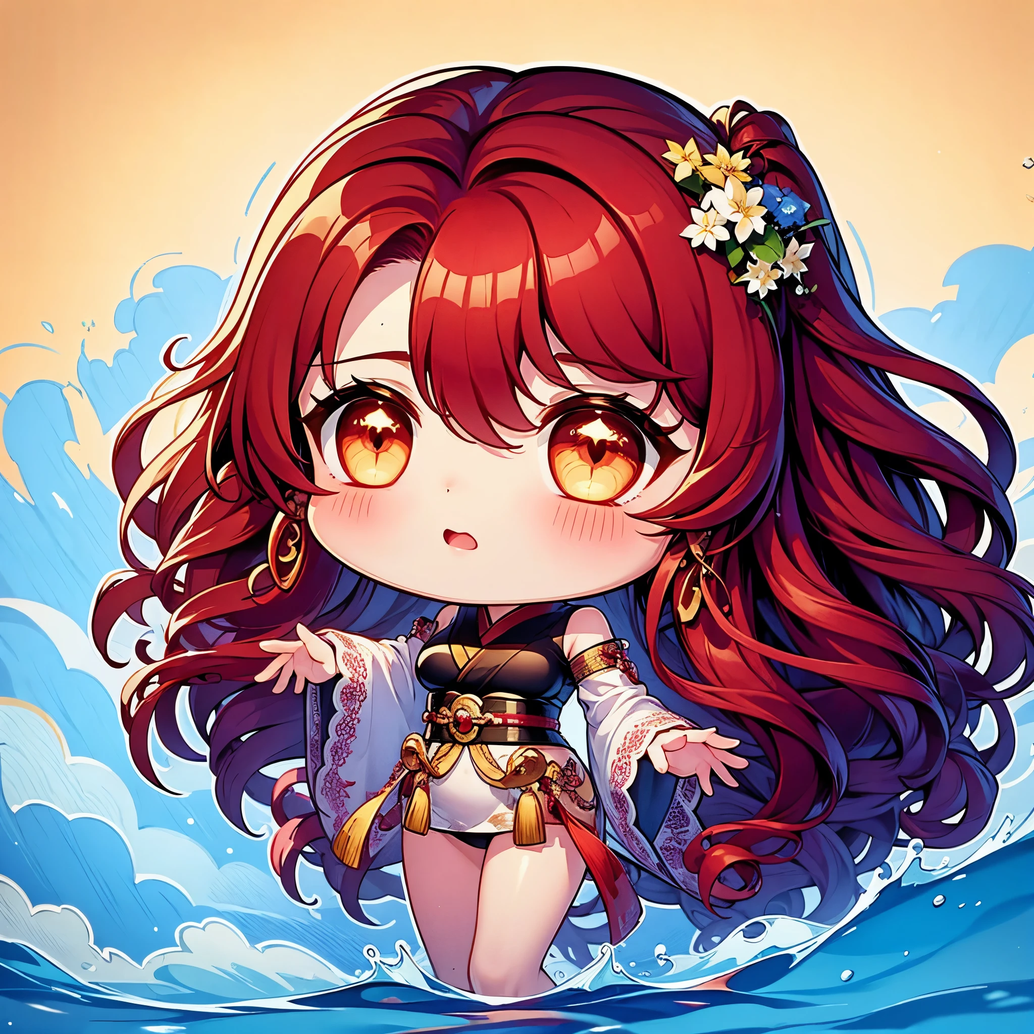 Chibi character pixel art, ((xian mei)), 1 girl, long red hair, standing, Chibi style, shapely breasts, high quality pixel art, Gege Akutami, photography, beautiful, colorful, realistic, masterpieces, top quality, best quality, official art, beautiful and aesthetic, hanfu, perfect anatomy, mini solo chibi