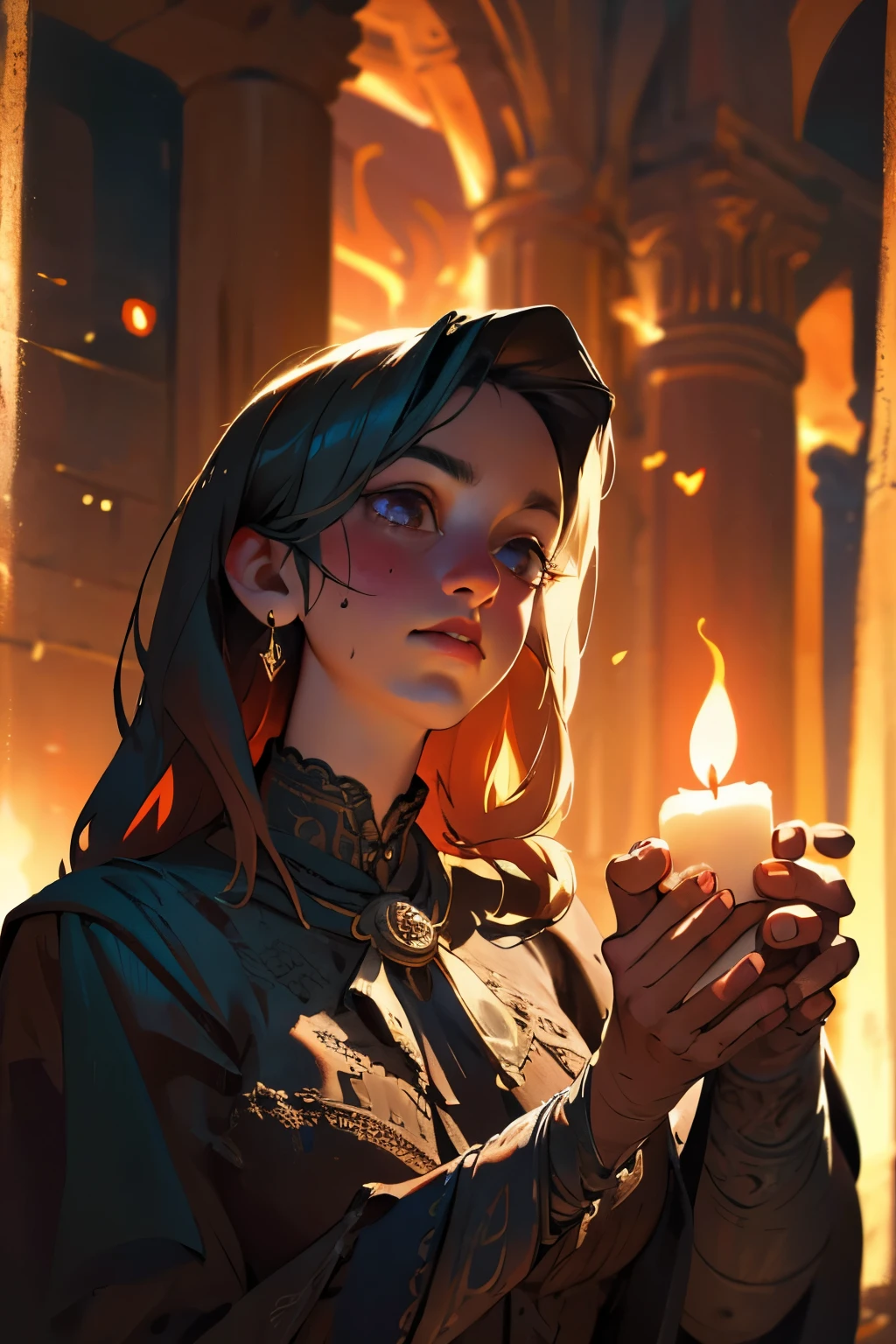 A woman holding a lit candle in her hand in a dark room - SeaArt AI