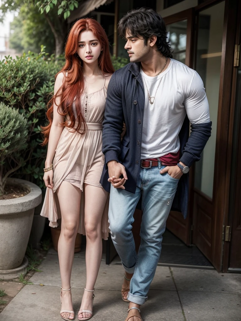 Show me full body of Prabhas Raju with a young 18 year old girl with long red hair kissing