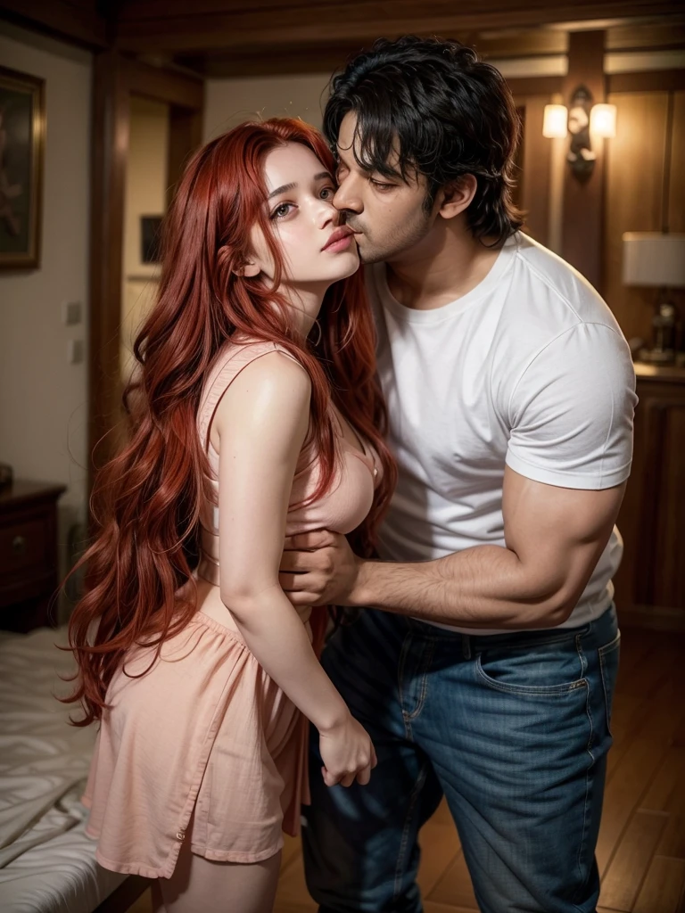 Show me full body of Prabhas Raju with a young 18 year old girl with long red hair kissing