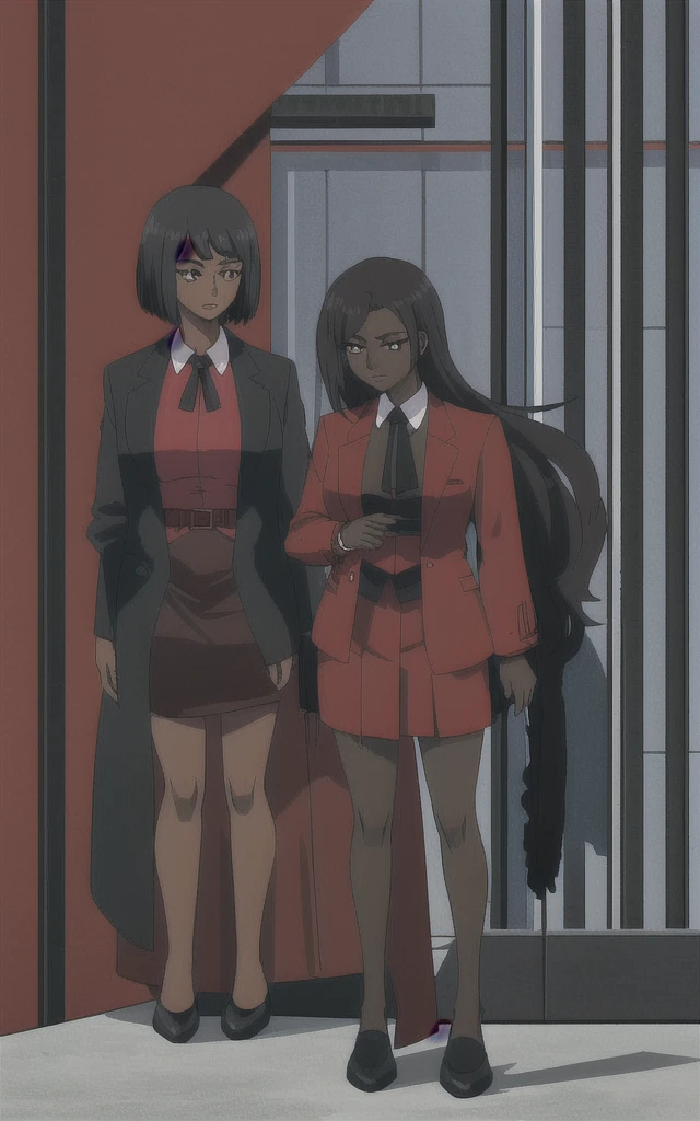 Tall adult Dark skinned business women in a red blazer skirt suit with a blouse underneath with short black hair ceo full body without more then one person