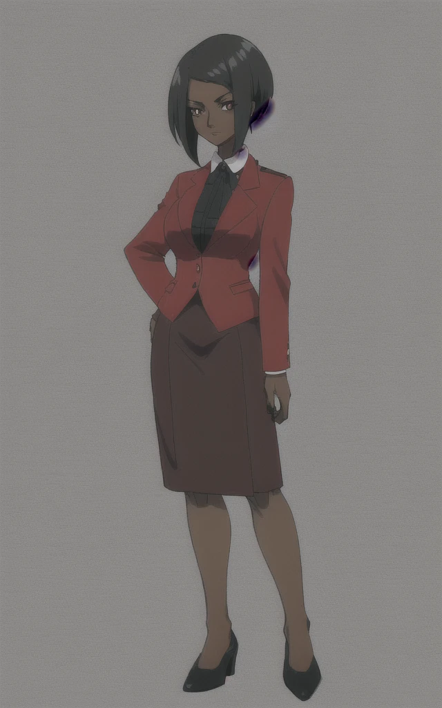 Tall adult Dark skinned business women in a red blazer skirt suit with a blouse underneath with short black hair  ceo  full body without more then one person 