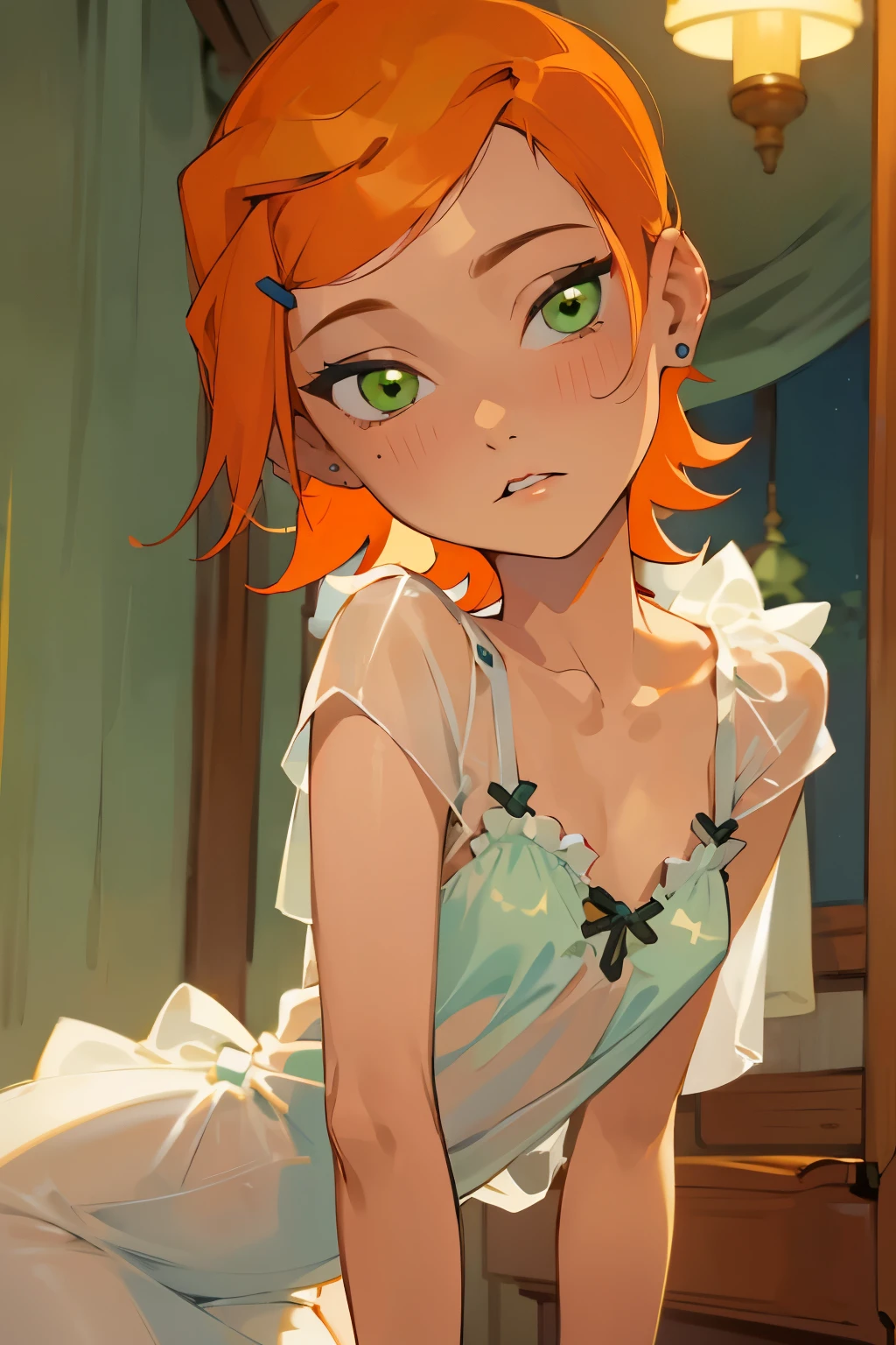 (masterpiece, best quality), 1girl(beautiful face, gwendolyn_tennyson, breasts, orange hair,  short hair, green eyes),detailed face, a come-hither face, parted lips, solo,  nude, , see-through nightgown, in the  bedroom, night time, standing 
