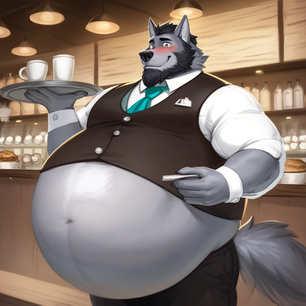 score_9, score_8_up, score_7_up, score_6_up, score_5_up, score_4_up, desolate, detailed background, cafe, anthro wolf, male, gray fur color, beard, button up vest with tie, slacks, holding tray with coffee, smiling, blushing, inflating, hyper belly