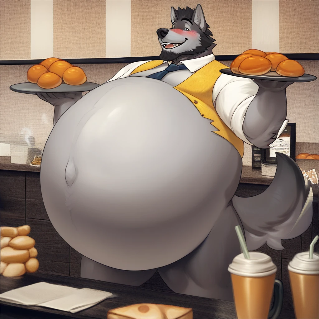 score_9, score_8_up, score_7_up, score_6_up, score_5_up, score_4_up, desolate, detailed background, cafe, anthro wolf, male, gray fur color, beard, button up vest with tie, slacks, holding tray with coffee, smiling, blushing, inflating, hyper belly