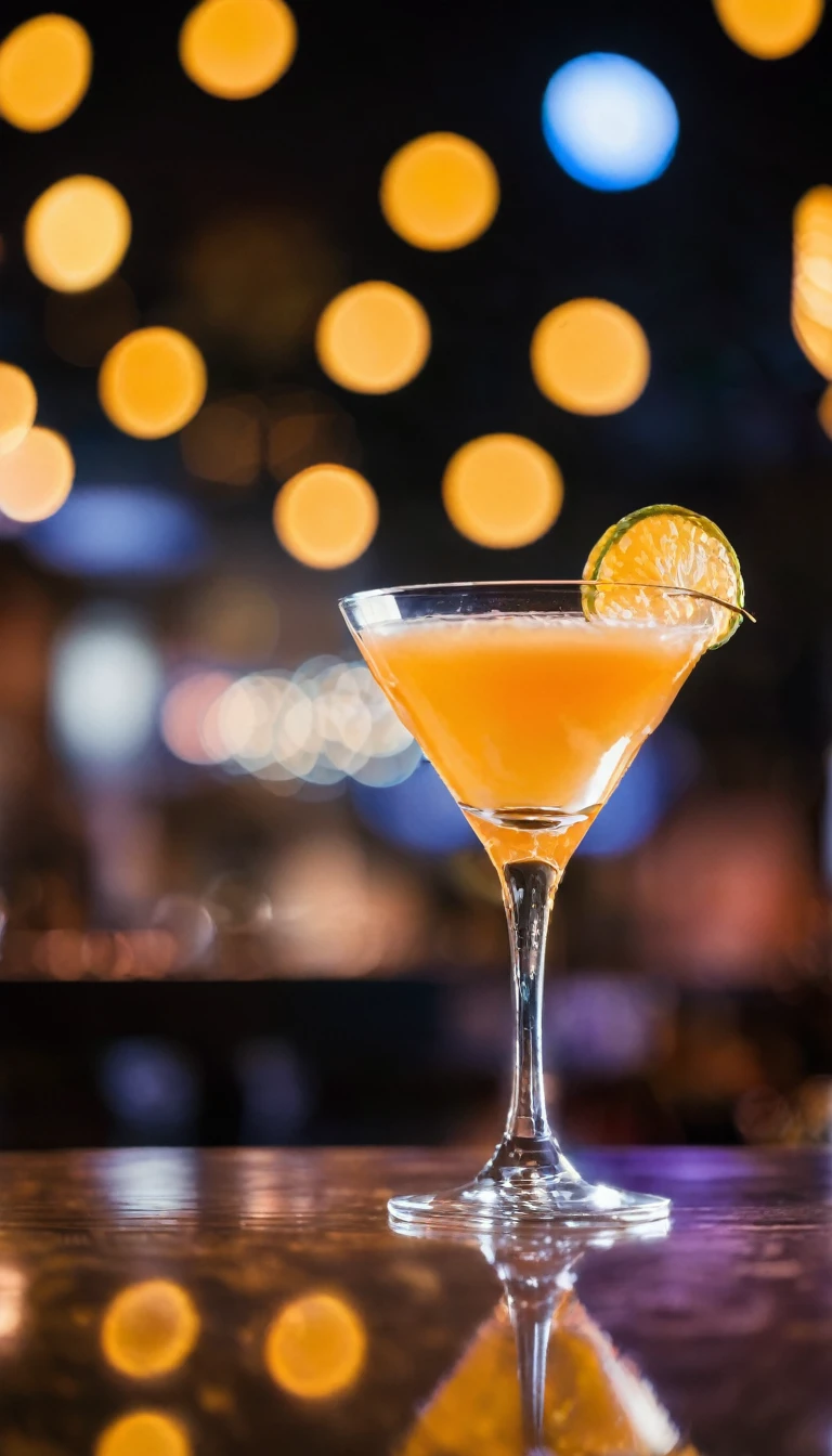 a cocktail on a table and bokeh shapes in the background
