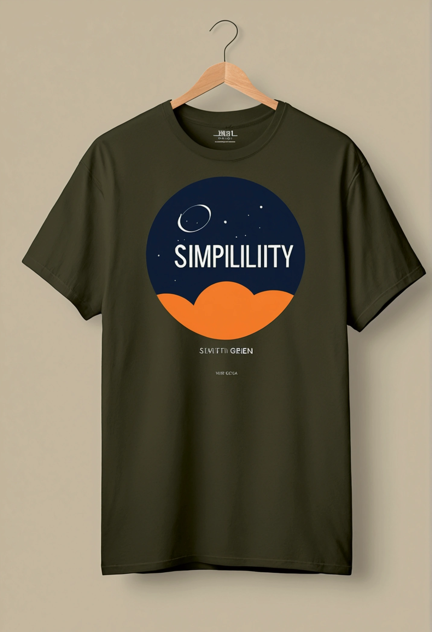 "Minimalist, vector; Color palette (olive green, orange, beige, grey, black and dark blue). Modern design with the phrase 'Simplicity is Everything' in a 'thin font'. Add a solid line design around the phrase. Surrealist style, synthwave:: t-shirt vector, central composition, simple background::2 mockup::-2 --upbeta --ar 1:1."