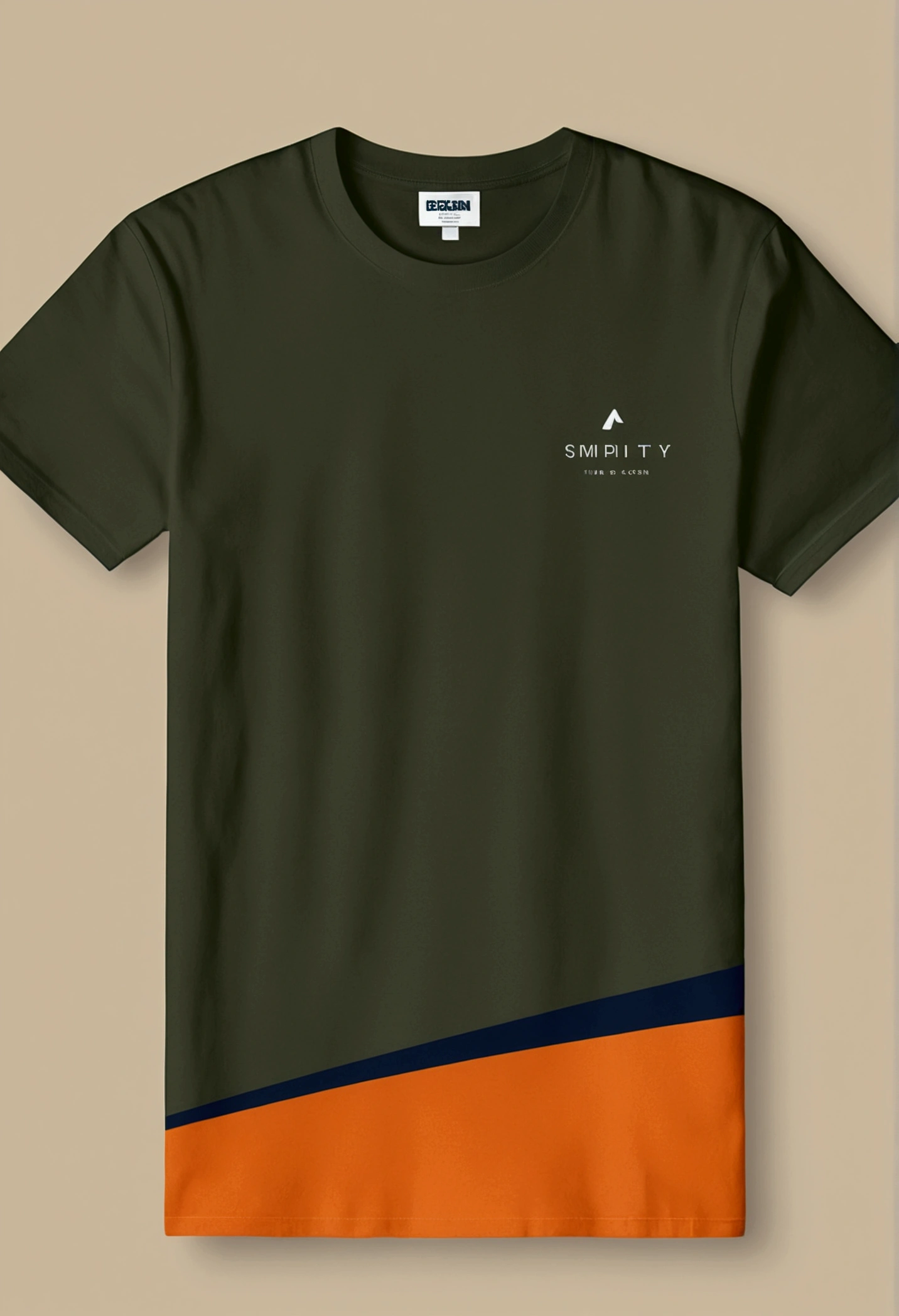 "Minimalist, vector; Color palette (olive green, orange, beige, grey, black and dark blue). Modern design with the phrase 'Simplicity is Everything' in a 'thin font'. Add a solid line design around the phrase. Surrealist style, synthwave:: t-shirt vector, central composition, simple background::2 mockup::-2 --upbeta --ar 1:1."