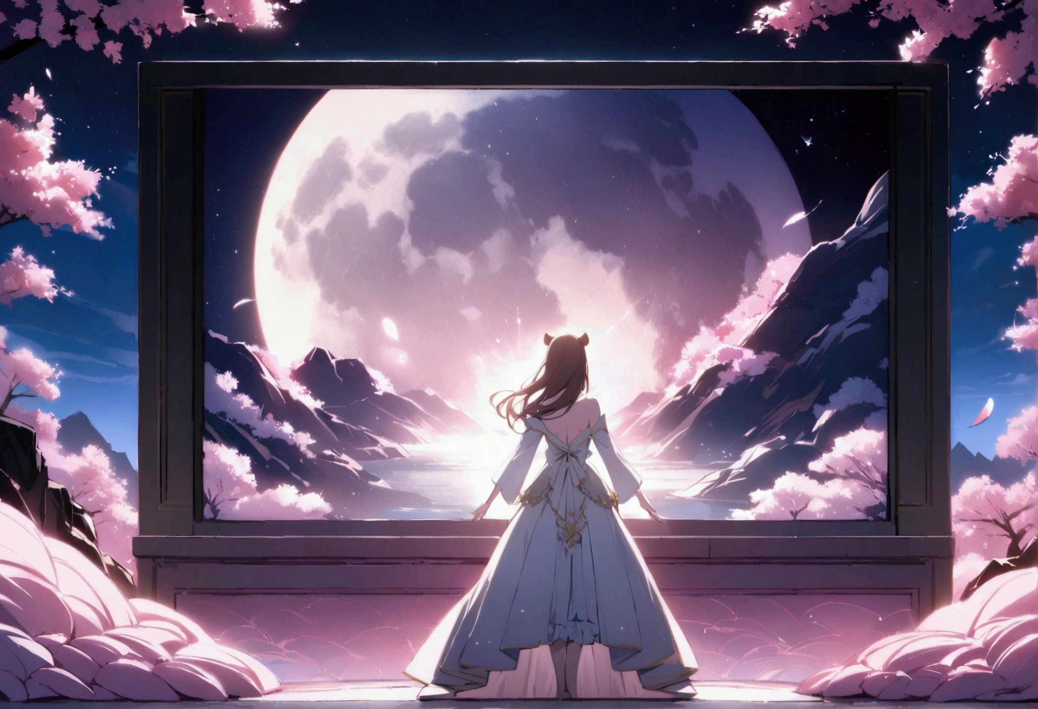 There is a woman from behind in the center of the screen. She stares straight behind the screen. The moon and stars are beautiful, 8K, the cherry blossoms are in full bloom and the petals are dancing in the sky, the magical world of the full moon and cherry blossoms, the women's clothes are not revealing, there are a lot of cherry blossom petals dancing, sparkling in the moonlight. ,The back of a woman is depicted at the bottom center of the screen, and you will encounter a fantastic and wonderful scenery. Fantastic, fantasy, peaceful atmosphere, large screen ratio for women, large screen ratio for women