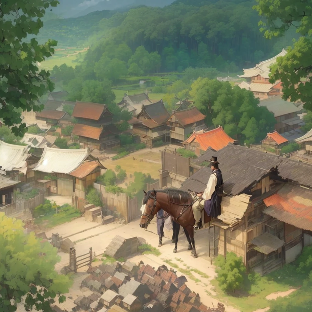 Painting of a man sitting on a wall with a horse in the foreground, artwork in the style of Gwaiz, Gwaiz, Inspired by Carl Spitzweg, Highly detailed scenes, Gwaiz on pixiv artstation, Anime countryside landscape, Gwaiz on artstation pixiv, Beautiful artwork illustration, Anime Scenery Concept Art Blazing flames, fire, crowd, throng, freezing, mother warming her baby.Scenery and Cityscape in the Early Meiji Era After the Meiji Restoration, Japan underwent rapid modernization and civilization. Consequently, many changes and reforms occurred. Below is a detailed explanation of the scenery, appearance of the poor, occupations, and cityscapes in the early Meiji period (1868 to the early 1880s). 2. Appearance of the Poor Life for the impoverished and lower classes remained harsh. In particular, in urban areas, people migrated from rural areas or unemployed artisans gathered, intensifying competition in the labor market. Many of them struggled with poverty, often residing in slums or around temples. 3. Occupations Meiji early Japan witnessed a diversification of occupations. Traditional agriculture and handicrafts were accompanied by the rise of modern industry and commerce. Particularly in urban areas, factory workers, shop clerks, and transporters increased, giving rise to new professions. However, many in these occupations endured harsh working conditions. 4. Influence of Civilization and Enlightenment During the Meiji era, Western cultural influences spread rapidly. Changes in clothing, dietary habits, and the proliferation of Western-style architecture advanced, especially in urban areas. Conversely, this development posed a threat to traditional culture and lifestyles, resulting in societal upheaval and adaptation challenges. 5. Social Change and Policy Influence While promoting modernization policies, the government also addressed poverty and social issues. Legislation for labor protection and charitable activities to aid the poor were implemented. Nevertheless, living conditions for the impoverished scarcely improved. The early Meiji period marked a rapid transformation i