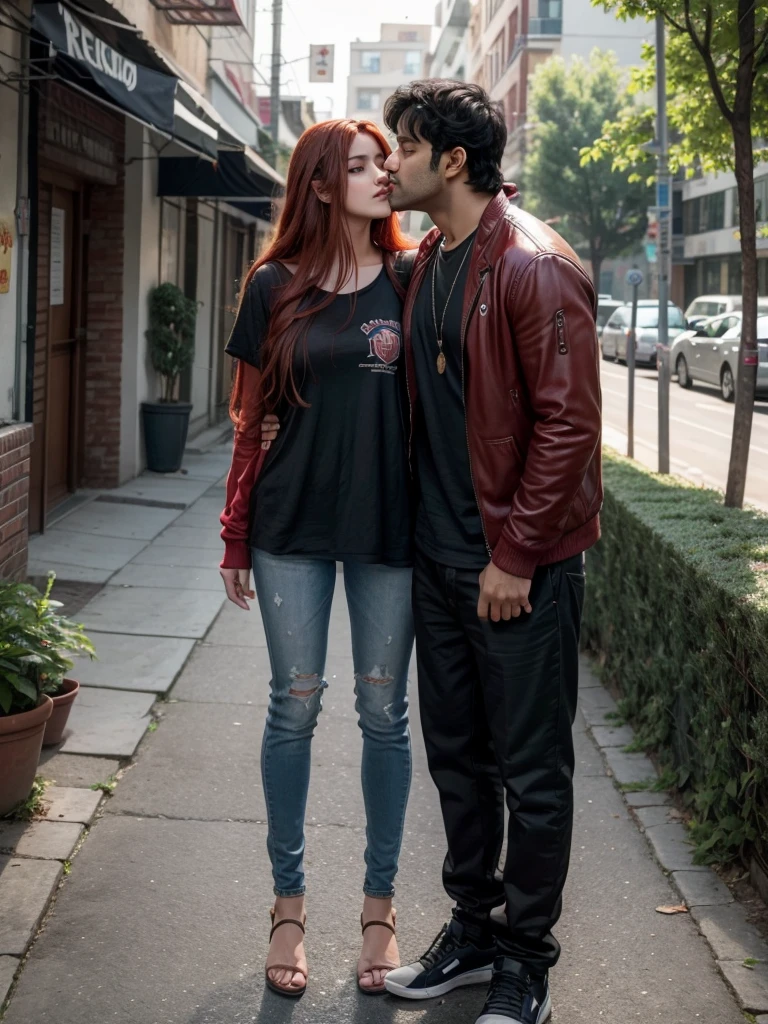 Show me full body of Prabhas Raju with a young 18 year old girl with long red hair kissing