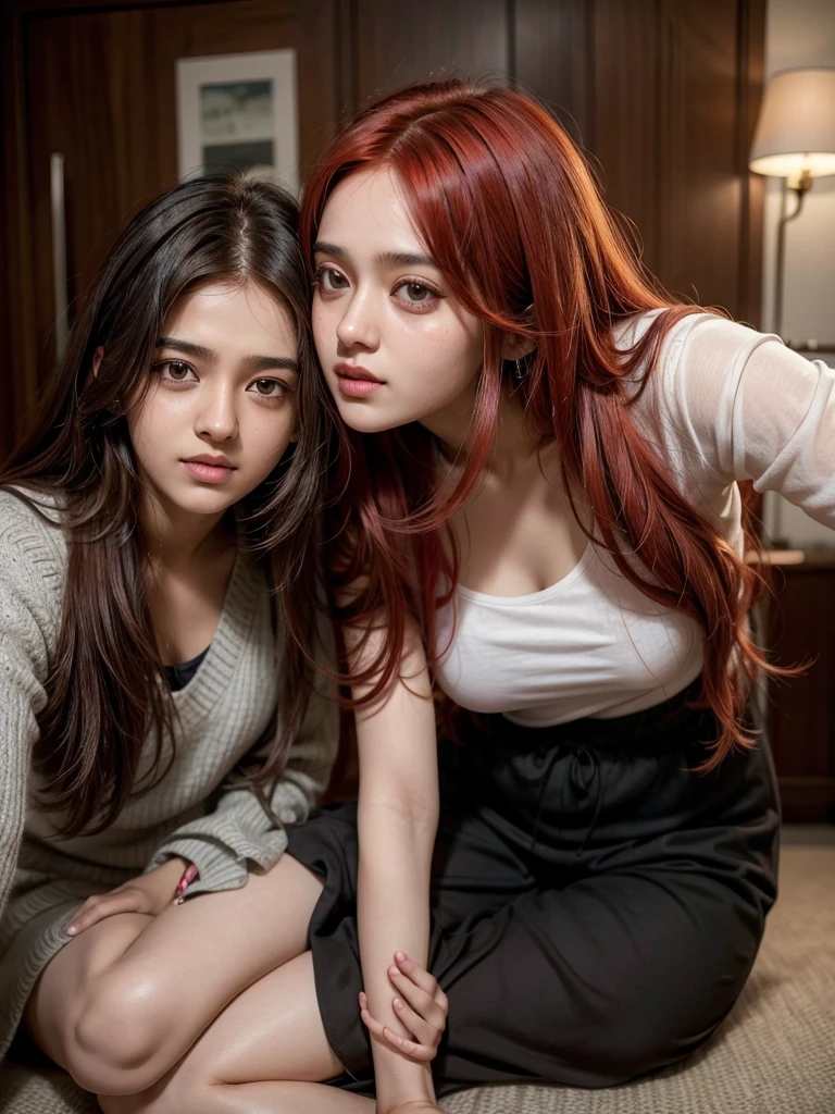 Show me full body of Prabhas Raju with a young 18 year old girl with long red hair kissing