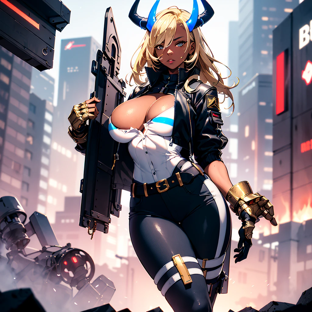 ((best quality)), ((masterpiece)), (detailed), 1girl, 8k_wallpaper, extremely detailed eyes, extremely detailed body, beautiful face, perfect face, detailed ((blonde hair)), (gold eyes), ((large big red and blue horns)), {{dark skin}}, ({dark skinned female}), gigantic breasts, thick thighs, strong arm and leg muscles, strong abdominal muscles, Monster women, Korean women, wearing a modern short black cloth jacket with rolled up sleeves, (wearing heavy gold colored steel cyberpunk armor), a wide red leather belt with blue steel yarn, steel boots, steel thigh guards, a military radio hangs on her belt, a biker girl, she rides on another planet along a lilac field against the backdrop of a blue desert and high red mountains,