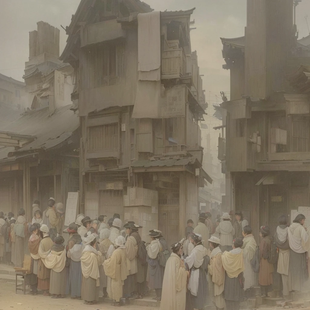 Man standing in front of a building々Group painting, Cityscape, Cityscape, Ivan Aivazovsky, market, On the city streets, on the road, By Eugène Isabey, Mordor as a bustling city, By Samuel Prout, opening scene, Alan Lee style, Atmospheric scenery, Blazing flames in 19th century London, fire, crowd, throng, freezing, mother warming her baby.Scenery and Cityscape in the Early Meiji Era After the Meiji Restoration, Japan underwent rapid modernization and civilization. Consequently, many changes and reforms occurred. Below is a detailed explanation of the scenery, appearance of the poor, occupations, and cityscapes in the early Meiji period (1868 to the early 1880s). 2. Appearance of the Poor Life for the impoverished and lower classes remained harsh. In particular, in urban areas, people migrated from rural areas or unemployed artisans gathered, intensifying competition in the labor market. Many of them struggled with poverty, often residing in slums or around temples. 3. Occupations Meiji early Japan witnessed a diversification of occupations. Traditional agriculture and handicrafts were accompanied by the rise of modern industry and commerce. Particularly in urban areas, factory workers, shop clerks, and transporters increased, giving rise to new professions. However, many in these occupations endured harsh working conditions. 4. Influence of Civilization and Enlightenment During the Meiji era, Western cultural influences spread rapidly. Changes in clothing, dietary habits, and the proliferation of Western-style architecture advanced, especially in urban areas. Conversely, this development posed a threat to traditional culture and lifestyles, resulting in societal upheaval and adaptation challenges. 5. Social Change and Policy Influence While promoting modernization policies, the government also addressed poverty and social issues. Legislation for labor protection and charitable activities to aid the poor were implemented. Nevertheless, living conditions for the impoverished scarcely improved. The early Meiji period marked a rapid transformation in Japan, with complex social landscape