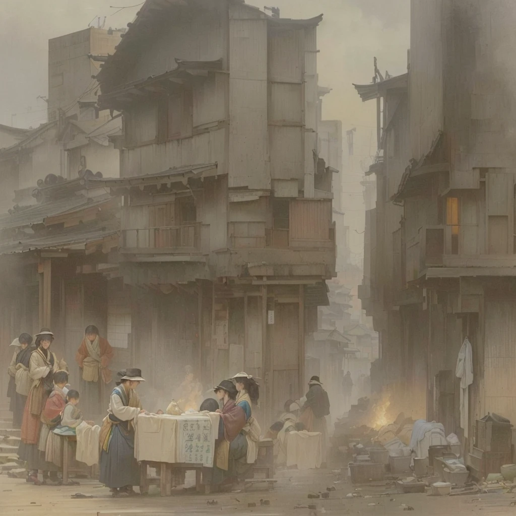 Man standing in front of a building々Group painting, Cityscape, Cityscape, Ivan Aivazovsky, market, On the city streets, on the road, By Eugène Isabey, Mordor as a bustling city, By Samuel Prout, opening scene, Alan Lee style, Atmospheric scenery, Blazing flames in 19th century London, fire, crowd, throng, freezing, mother warming her baby.Scenery and Cityscape in the Early Meiji Era After the Meiji Restoration, Japan underwent rapid modernization and civilization. Consequently, many changes and reforms occurred. Below is a detailed explanation of the scenery, appearance of the poor, occupations, and cityscapes in the early Meiji period (1868 to the early 1880s). 2. Appearance of the Poor Life for the impoverished and lower classes remained harsh. In particular, in urban areas, people migrated from rural areas or unemployed artisans gathered, intensifying competition in the labor market. Many of them struggled with poverty, often residing in slums or around temples. 3. Occupations Meiji early Japan witnessed a diversification of occupations. Traditional agriculture and handicrafts were accompanied by the rise of modern industry and commerce. Particularly in urban areas, factory workers, shop clerks, and transporters increased, giving rise to new professions. However, many in these occupations endured harsh working conditions. 4. Influence of Civilization and Enlightenment During the Meiji era, Western cultural influences spread rapidly. Changes in clothing, dietary habits, and the proliferation of Western-style architecture advanced, especially in urban areas. Conversely, this development posed a threat to traditional culture and lifestyles, resulting in societal upheaval and adaptation challenges. 5. Social Change and Policy Influence While promoting modernization policies, the government also addressed poverty and social issues. Legislation for labor protection and charitable activities to aid the poor were implemented. Nevertheless, living conditions for the impoverished scarcely improved. The early Meiji period marked a rapid transformation in Japan, with complex social landscape
