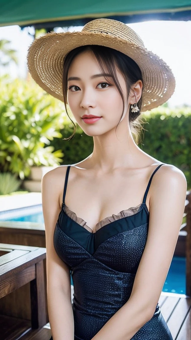 Dark brown hair、Light brown eyes、Japanese actress、 Lady、I am about 40 years old......、(Intricate details:1.2)、(Which is the top??????:1.4)、 (Ultra-high resolution:1.2)、Ultra-high resolution、(Fine-tune)、(Detailed facial features)、Hmph、8k resolution、IカップサイズのBig Breasts、Big Breasts、Long Hair、Updostyle, Updo、Hair Bun、1 girl, Deep sorrowの表情, (Very detailed美しい顔), (Thin camisole:1.5), (Exposing shoulders:1.3), (Highest quality:1.4), (Very detailed)、Beautiful fair skin with transparency,、Top View、 Please open your mouth a little、Her legs are visible through the dress、Deep sorrow、Pose of Weakness、Obscene pose、Sit on the pool bed、、By the pool、Beach Bed、Summer cot、Wide-brimmed hat、Actress Cap、under the sun、sunlight、Wide-brimmed hat、Straw hat、Hats to wear at the resort、One eye is hidden by the brim of his hat、elegant、smile