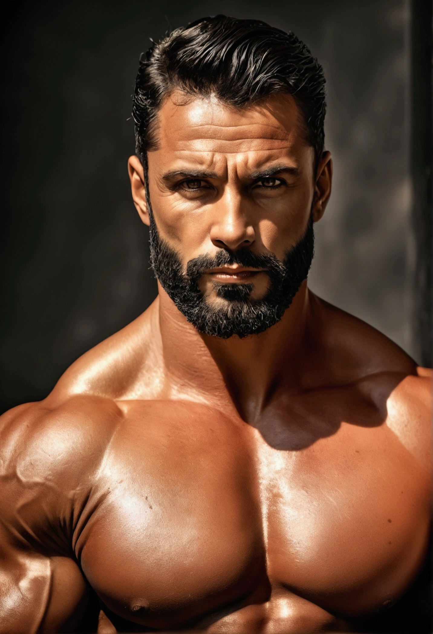 (best qualityer, High definition, realisitic:1.37), figura masculina, strong and muscular body, confident looking, barba, intense expression, dramatic lighting, captivating pose, Artistic portrait style, warm, rich color tones.