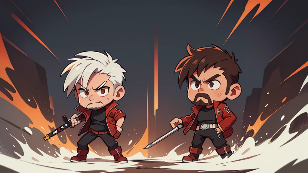 4k ultra HD chibi style character art, solo, man with white hair hightop style and dark chinstrap beard and goatee, brown eyes, wearing red goggles a brown leather bomber jacket open with a black shirt under it, black pants, black combat boots, serious expression, standing