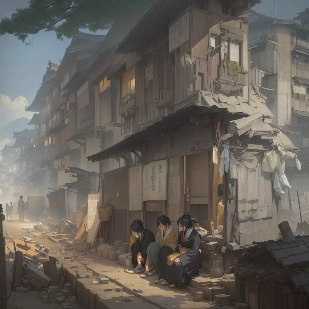 Painting of a cityscape with a man sitting on a bench, Inspired by Carl Spitzweg, Inspired by Chung Fenghua, Luan Jia, James Paik style, イスマイル・インチェオグルとLuan Jia, by Li Zai, Painterly concept art, Bayard Wu, award winning concept artist, Han Kang Blazing flames, fire, crowd, throng, freezing, mother warming her baby.Scenery and Cityscape in the Early Meiji Era After the Meiji Restoration, Japan underwent rapid modernization and civilization. Consequently, many changes and reforms occurred. Below is a detailed explanation of the scenery, appearance of the poor, occupations, and cityscapes in the early Meiji period (1868 to the early 1880s). 2. Appearance of the Poor Life for the impoverished and lower classes remained harsh. In particular, in urban areas, people migrated from rural areas or unemployed artisans gathered, intensifying competition in the labor market. Many of them struggled with poverty, often residing in slums or around temples. 3. Occupations Meiji early Japan witnessed a diversification of occupations. Traditional agriculture and handicrafts were accompanied by the rise of modern industry and commerce. Particularly in urban areas, factory workers, shop clerks, and transporters increased, giving rise to new professions. However, many in these occupations endured harsh working conditions. 4. Influence of Civilization and Enlightenment During the Meiji era, Western cultural influences spread rapidly. Changes in clothing, dietary habits, and the proliferation of Western-style architecture advanced, especially in urban areas. Conversely, this development posed a threat to traditional culture and lifestyles, resulting in societal upheaval and adaptation challenges. 5. Social Change and Policy Influence While promoting modernization policies, the government also addressed poverty and social issues. Legislation for labor protection and charitable activities to aid the poor were implemented. Nevertheless, living conditions for the impoverished scarcely improved. The early Meiji period marked a rapid transformation in Japan, with compl