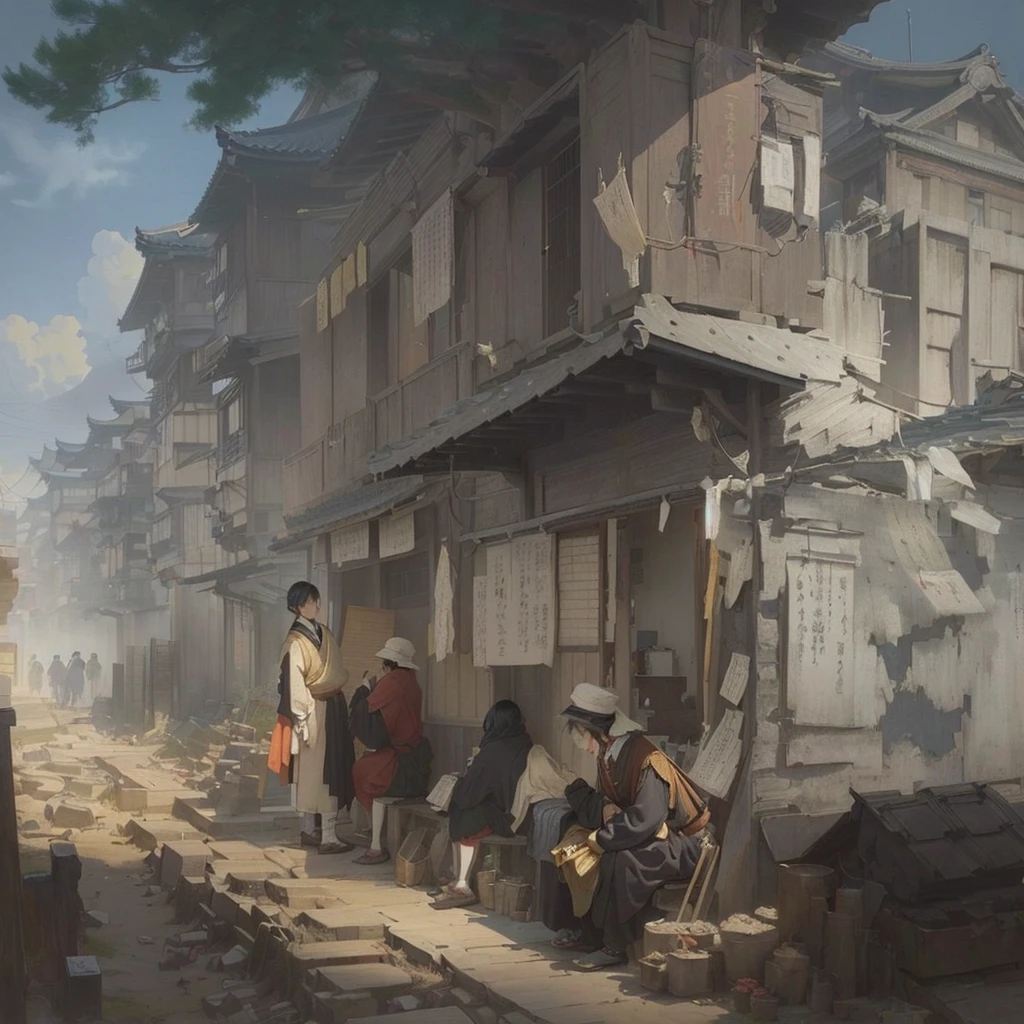 Painting of a cityscape with a man sitting on a bench, Inspired by Carl Spitzweg, Inspired by Chung Fenghua, Luan Jia, James Paik style, イスマイル・インチェオグルとLuan Jia, by Li Zai, Painterly concept art, Bayard Wu, award winning concept artist, Han Kang Blazing flames, fire, crowd, throng, freezing, mother warming her .Scenery and Cityscape in the Early Meiji Era After the Meiji Restoration, Japan underwent rapid modernization and civilization. Consequently, many changes and reforms occurred. Below is a detailed explanation of the scenery, appearance of the poor, occupations, and cityscapes in the early Meiji period (1868 to the early 1880s). 2. Appearance of the Poor Life for the impoverished and lower classes remained harsh. In particular, in urban areas, people migrated from rural areas or unemployed artisans gathered, intensifying competition in the labor market. Many of them struggled with poverty, often residing in slums or around temples. 3. Occupations Meiji early Japan witnessed a diversification of occupations. Traditional agriculture and handicrafts were accompanied by the rise of modern industry and commerce. Particularly in urban areas, factory workers, shop clerks, and transporters increased, giving rise to new professions. However, many in these occupations endured harsh working conditions. 4. Influence of Civilization and Enlightenment During the Meiji era, Western cultural influences spread rapidly. Changes in clothing, dietary habits, and the proliferation of Western-style architecture advanced, especially in urban areas. Conversely, this development posed a threat to traditional culture and lifestyles, resulting in societal upheaval and adaptation challenges. 5. Social Change and Policy Influence While promoting modernization policies, the government also addressed poverty and social issues. Legislation for labor protection and charitable activities to aid the poor were implemented. Nevertheless, living conditions for the impoverished scarcely improved. The early Meiji period marked a rapid transformation in Japan, with compl