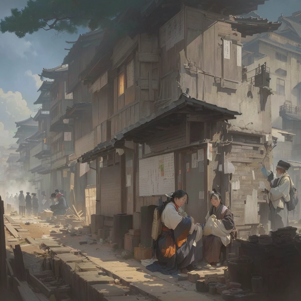 Painting of a cityscape with a man sitting on a bench, Inspired by Carl Spitzweg, Inspired by Chung Fenghua, Luan Jia, James Paik style, イスマイル・インチェオグルとLuan Jia, by Li Zai, Painterly concept art, Bayard Wu, award winning concept artist, Han Kang Blazing flames, fire, crowd, throng, freezing, mother warming her .Scenery and Cityscape in the Early Meiji Era After the Meiji Restoration, Japan underwent rapid modernization and civilization. Consequently, many changes and reforms occurred. Below is a detailed explanation of the scenery, appearance of the poor, occupations, and cityscapes in the early Meiji period (1868 to the early 1880s). 2. Appearance of the Poor Life for the impoverished and lower classes remained harsh. In particular, in urban areas, people migrated from rural areas or unemployed artisans gathered, intensifying competition in the labor market. Many of them struggled with poverty, often residing in slums or around temples. 3. Occupations Meiji early Japan witnessed a diversification of occupations. Traditional agriculture and handicrafts were accompanied by the rise of modern industry and commerce. Particularly in urban areas, factory workers, shop clerks, and transporters increased, giving rise to new professions. However, many in these occupations endured harsh working conditions. 4. Influence of Civilization and Enlightenment During the Meiji era, Western cultural influences spread rapidly. Changes in clothing, dietary habits, and the proliferation of Western-style architecture advanced, especially in urban areas. Conversely, this development posed a threat to traditional culture and lifestyles, resulting in societal upheaval and adaptation challenges. 5. Social Change and Policy Influence While promoting modernization policies, the government also addressed poverty and social issues. Legislation for labor protection and charitable activities to aid the poor were implemented. Nevertheless, living conditions for the impoverished scarcely improved. The early Meiji period marked a rapid transformation in Japan, with compl