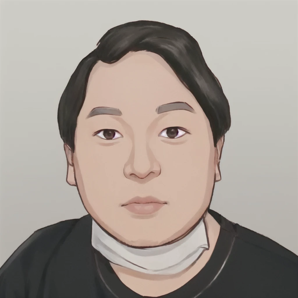 illustration of a man with a neck brace and a black shirt, taejune kim, paul kwon, steven jung, joongwon charles jeong, kevin hou, peter chan, jon kuo, steve zheng, christopher cao, david luong, victor ngai, john park, jisu choe, rick dai, nft portrait, michael okuda