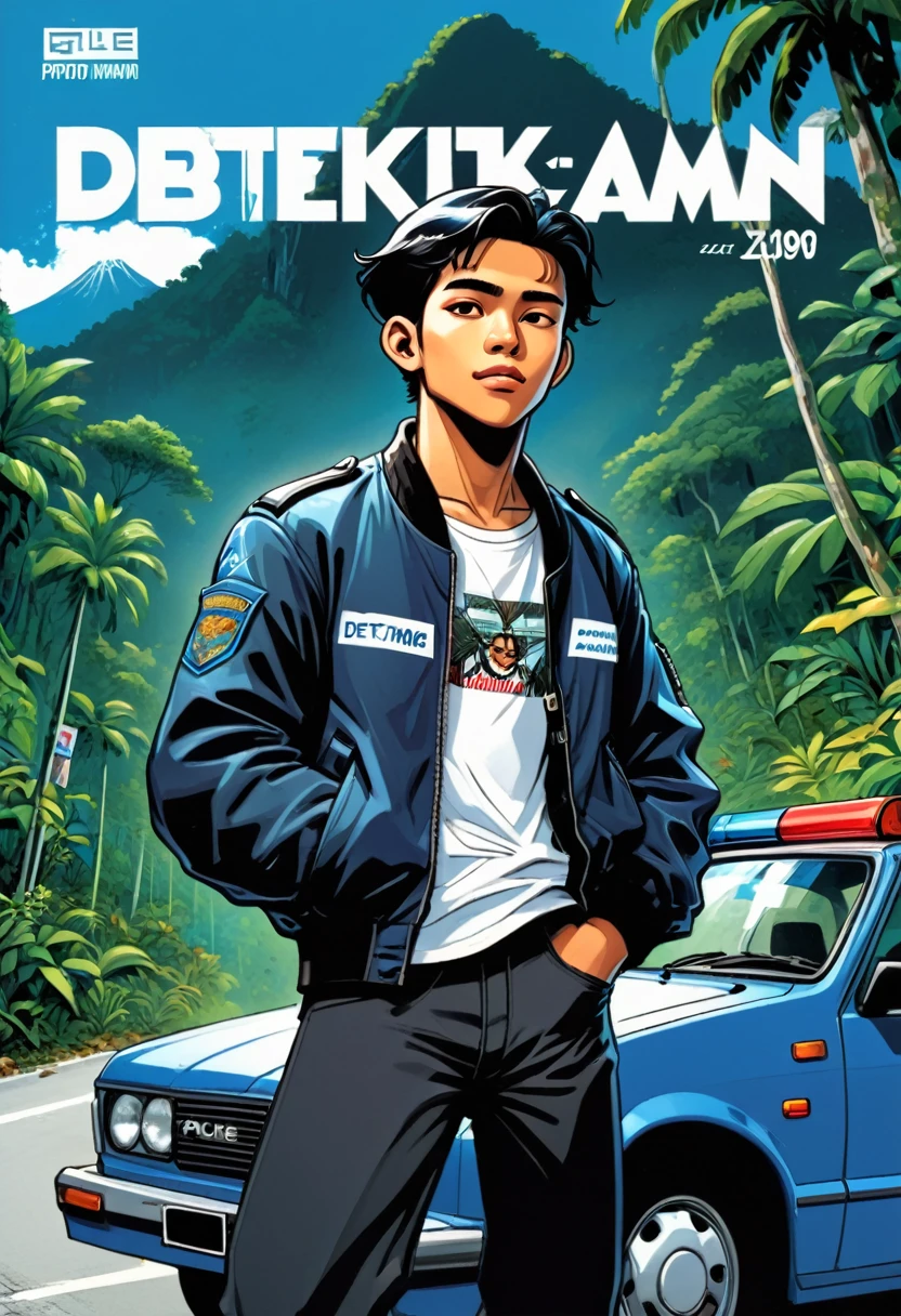 a comic book cover, 1990's comic illustration style. Titled written "DETEKTIF AZMAN" a young Malay man, wearing black bomber jacket. black pants. white shirts. wearing police  batch lanyard.  background of tropical forest and a mountain. Leaning on a blue sedan, brand Proton Saga. background of Kuala Lumpur city street.