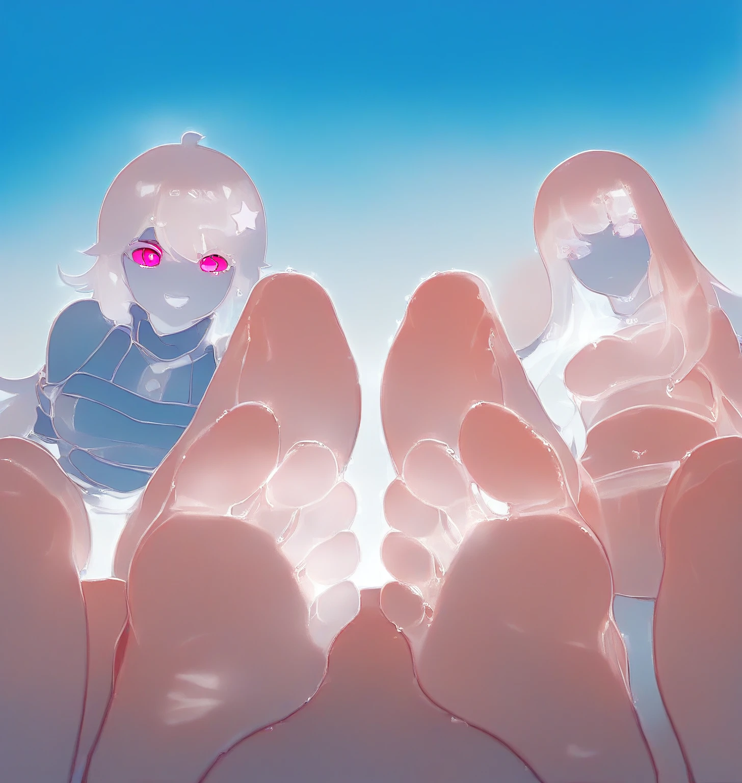 wallpaper,hoodie,The background is in the room, Long hair,best quality, Very detailed, masterpiece, Extremely detailed, illustration, Sky,Foot Focus, giggle, barefoot,Steam around feet,脚底Sweating,Water dripping from the soles of feet,Sweating,Pink Eyes,Sweatshirt,There is a pair of sneakers on the ground on the right side of the screen,Steam around shoes
