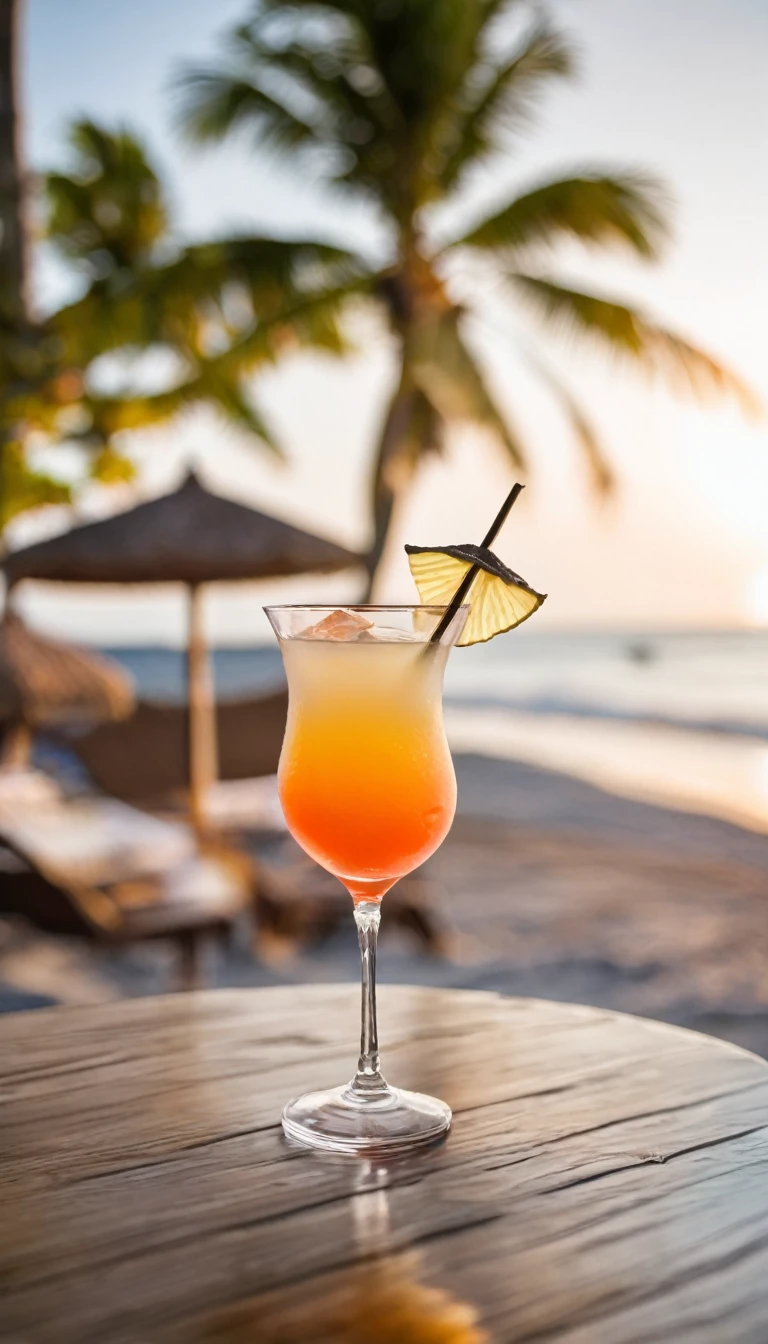 a cocktail on a table and a blurred beach in the background