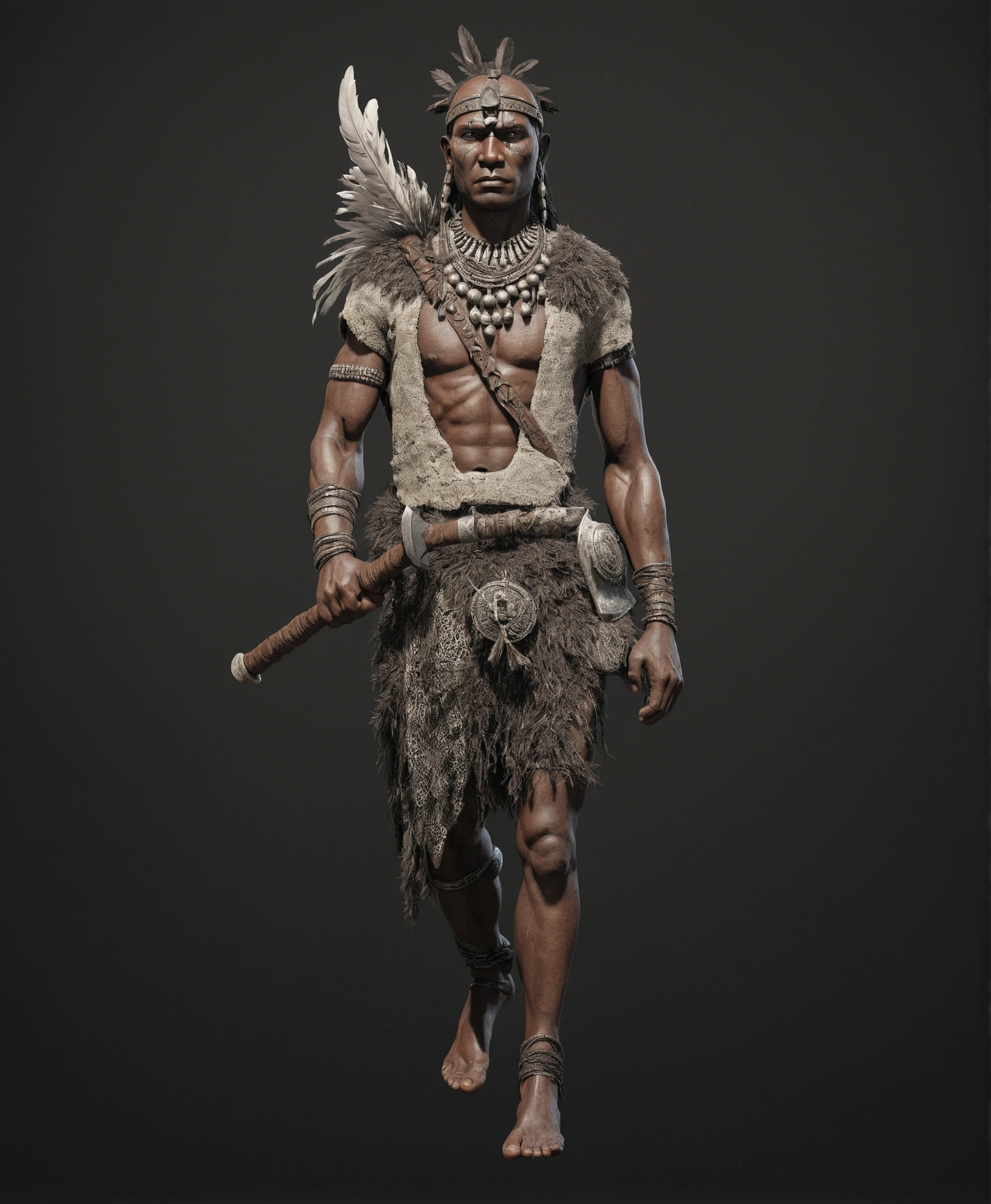 primitive dark-skinned warrior with stone ax and feather adorning his head: ultra realistic and detailed