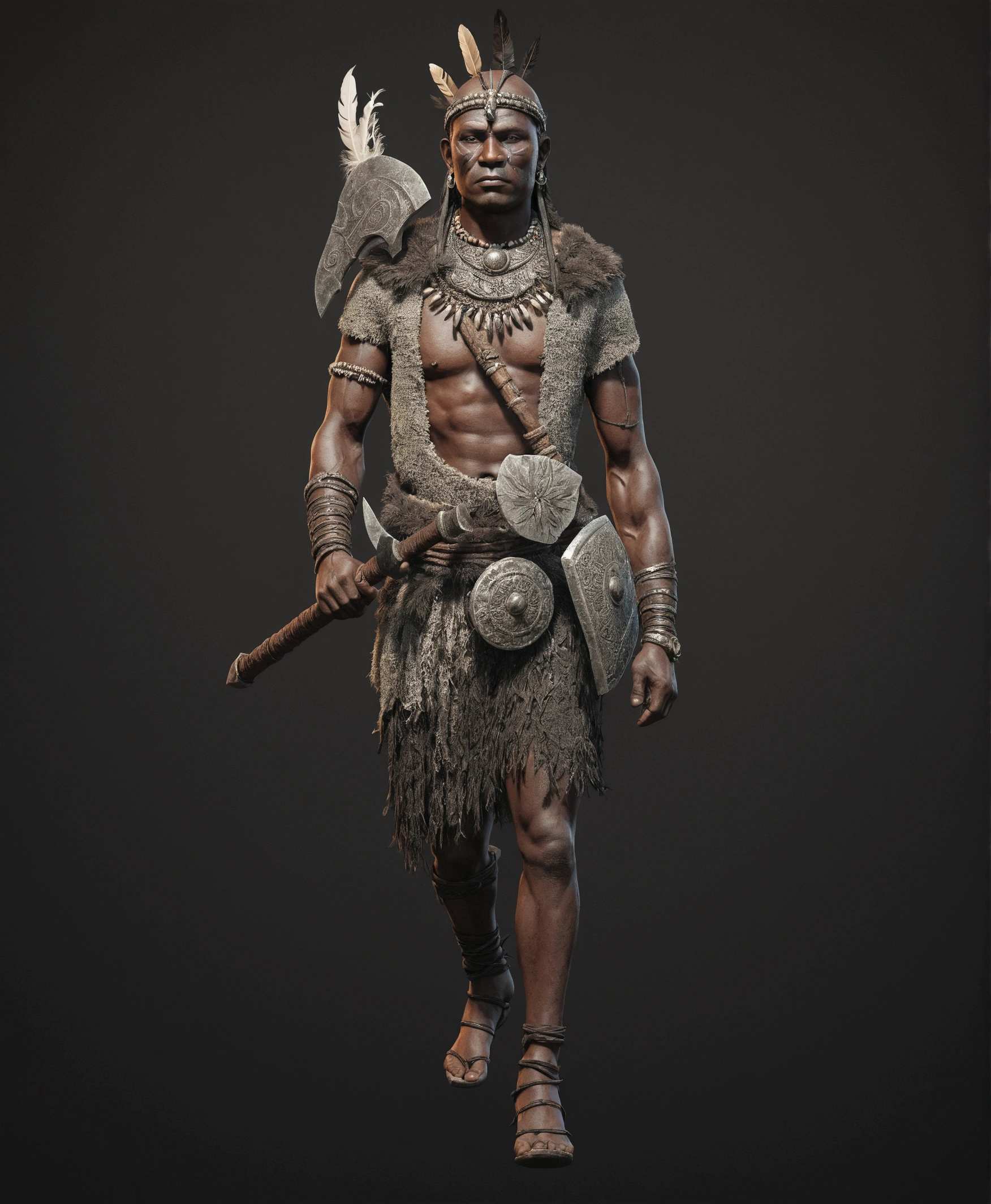 primitive dark-skinned warrior with stone ax and feather adorning his head: ultra realistic and detailed