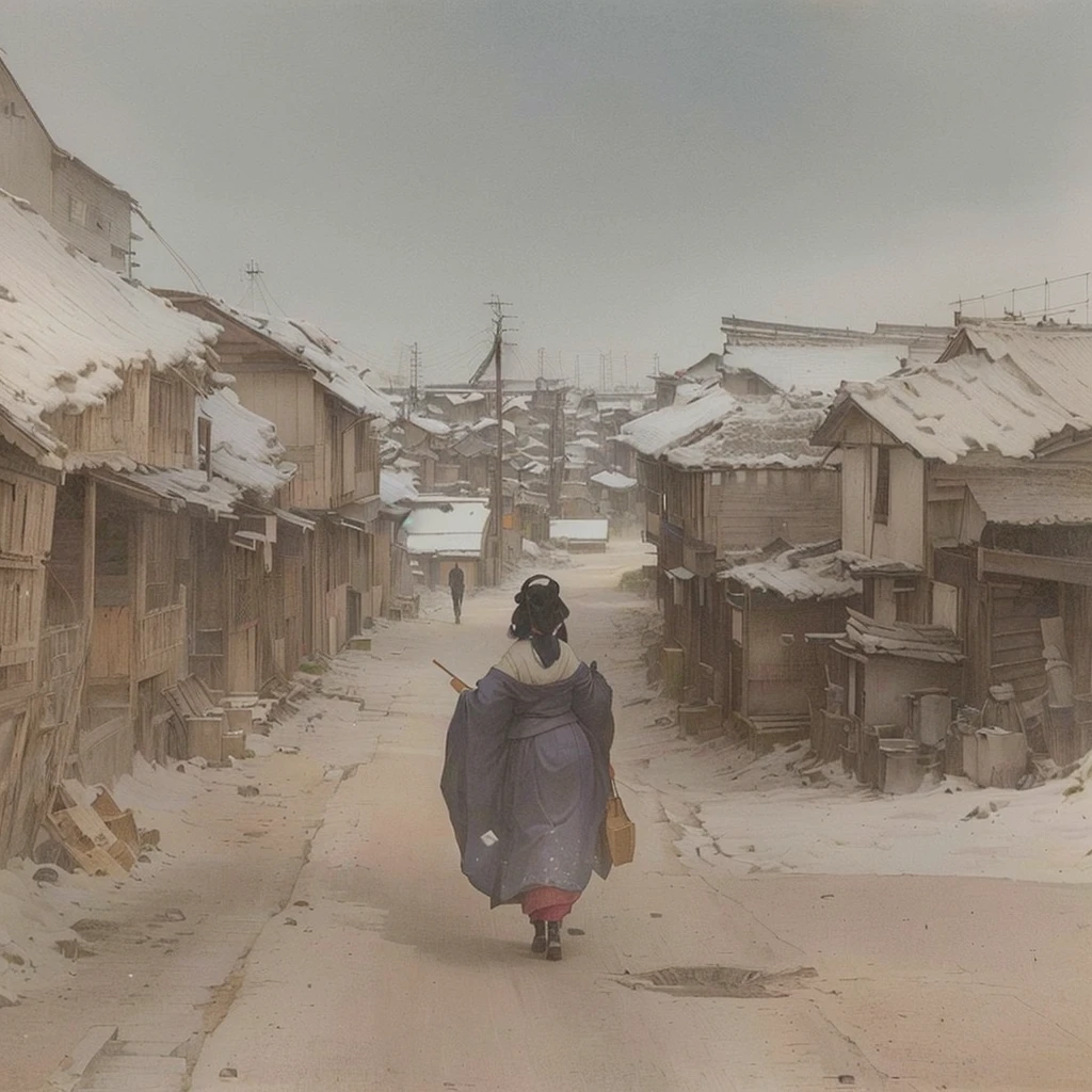 A picture of a street with people walking, by Kamisaka Sekka, Dusty Street, The ancient street behind her, in a village street, Inspired by Santiago Martínez Delgado, By Artur Tarnowski, on the road, By Ludwig Konaszewski, Inspired by Anton Piek, Foggy Alley, on the roadBlazing flames, fire, crowd, throng, freezing, mother warming her baby.Scenery and Cityscape in the Early Meiji Era After the Meiji Restoration, Japan underwent rapid modernization and civilization. Consequently, many changes and reforms occurred. Below is a detailed explanation of the scenery, appearance of the poor, occupations, and cityscapes in the early Meiji period (1868 to the early 1880s). 2. Appearance of the Poor Life for the impoverished and lower classes remained harsh. In particular, in urban areas, people migrated from rural areas or unemployed artisans gathered, intensifying competition in the labor market. Many of them struggled with poverty, often residing in slums or around temples. 3. Occupations Meiji early Japan witnessed a diversification of occupations. Traditional agriculture and handicrafts were accompanied by the rise of modern industry and commerce. Particularly in urban areas, factory workers, shop clerks, and transporters increased, giving rise to new professions. However, many in these occupations endured harsh working conditions. 4. Influence of Civilization and Enlightenment During the Meiji era, Western cultural influences spread rapidly. Changes in clothing, dietary habits, and the proliferation of Western-style architecture advanced, especially in urban areas. Conversely, this development posed a threat to traditional culture and lifestyles, resulting in societal upheaval and adaptation challenges. 5. Social Change and Policy Influence While promoting modernization policies, the government also addressed poverty and social issues. Legislation for labor protection and charitable activities to aid the poor were implemented. Nevertheless, living conditions for the impoverished scarcely improved. The early Meiji period marked a rapid transformation in Japan, with complex social land