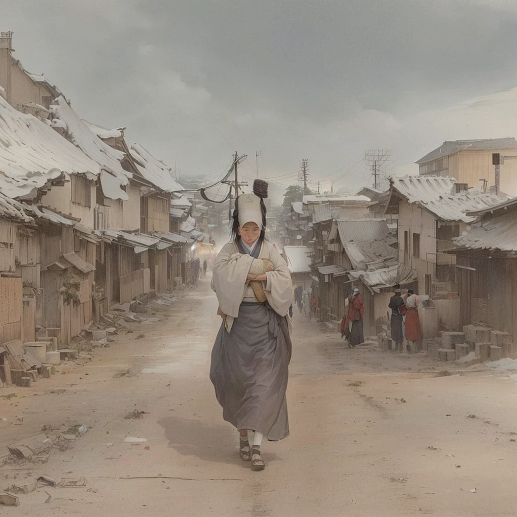 A picture of a street with people walking, by Kamisaka Sekka, Dusty Street, The ancient street behind her, in a village street, Inspired by Santiago Martínez Delgado, By Artur Tarnowski, on the road, By Ludwig Konaszewski, Inspired by Anton Piek, Foggy Alley, on the roadBlazing flames, fire, crowd, throng, freezing, mother warming her baby.Scenery and Cityscape in the Early Meiji Era After the Meiji Restoration, Japan underwent rapid modernization and civilization. Consequently, many changes and reforms occurred. Below is a detailed explanation of the scenery, appearance of the poor, occupations, and cityscapes in the early Meiji period (1868 to the early 1880s). 2. Appearance of the Poor Life for the impoverished and lower classes remained harsh. In particular, in urban areas, people migrated from rural areas or unemployed artisans gathered, intensifying competition in the labor market. Many of them struggled with poverty, often residing in slums or around temples. 3. Occupations Meiji early Japan witnessed a diversification of occupations. Traditional agriculture and handicrafts were accompanied by the rise of modern industry and commerce. Particularly in urban areas, factory workers, shop clerks, and transporters increased, giving rise to new professions. However, many in these occupations endured harsh working conditions. 4. Influence of Civilization and Enlightenment During the Meiji era, Western cultural influences spread rapidly. Changes in clothing, dietary habits, and the proliferation of Western-style architecture advanced, especially in urban areas. Conversely, this development posed a threat to traditional culture and lifestyles, resulting in societal upheaval and adaptation challenges. 5. Social Change and Policy Influence While promoting modernization policies, the government also addressed poverty and social issues. Legislation for labor protection and charitable activities to aid the poor were implemented. Nevertheless, living conditions for the impoverished scarcely improved. The early Meiji period marked a rapid transformation in Japan, with complex social land